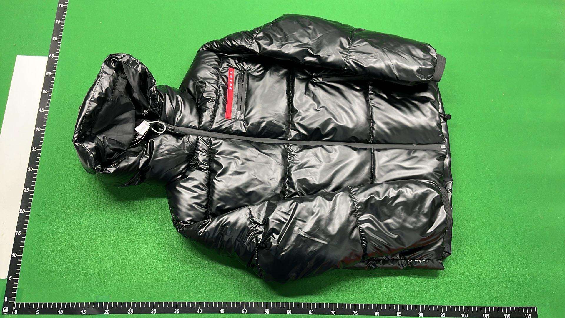 Prada Black Nylon Down Jacket with Hood and Red Logo Strip