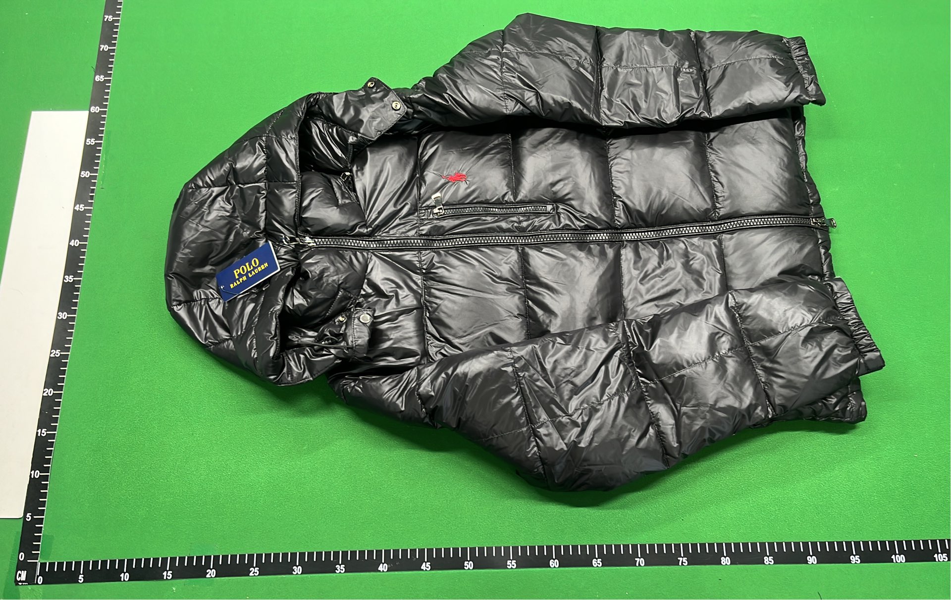 Black Quilted Down Jacket with Red Pony Logo