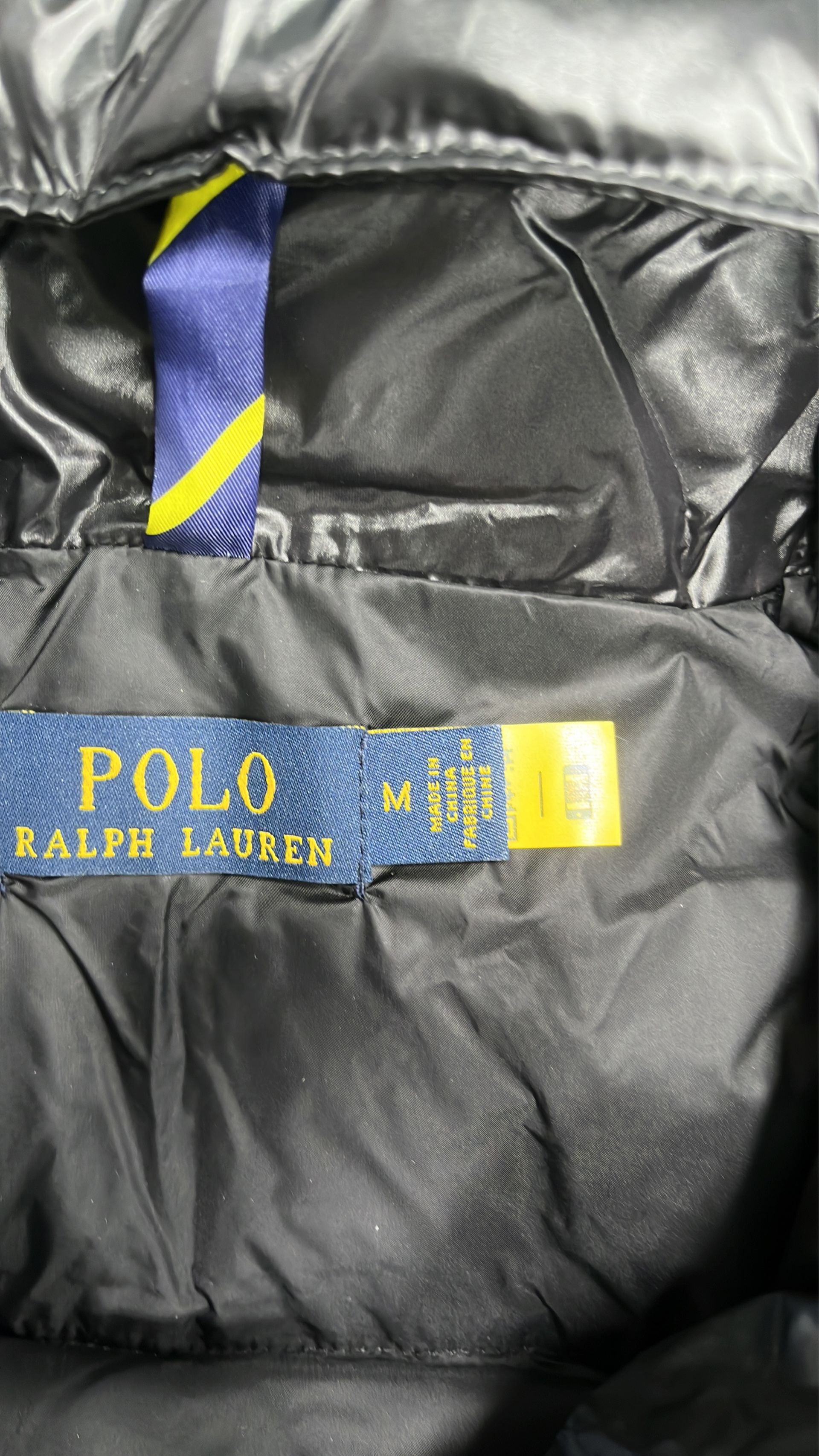 Black Quilted Down Jacket with Red Pony Logo