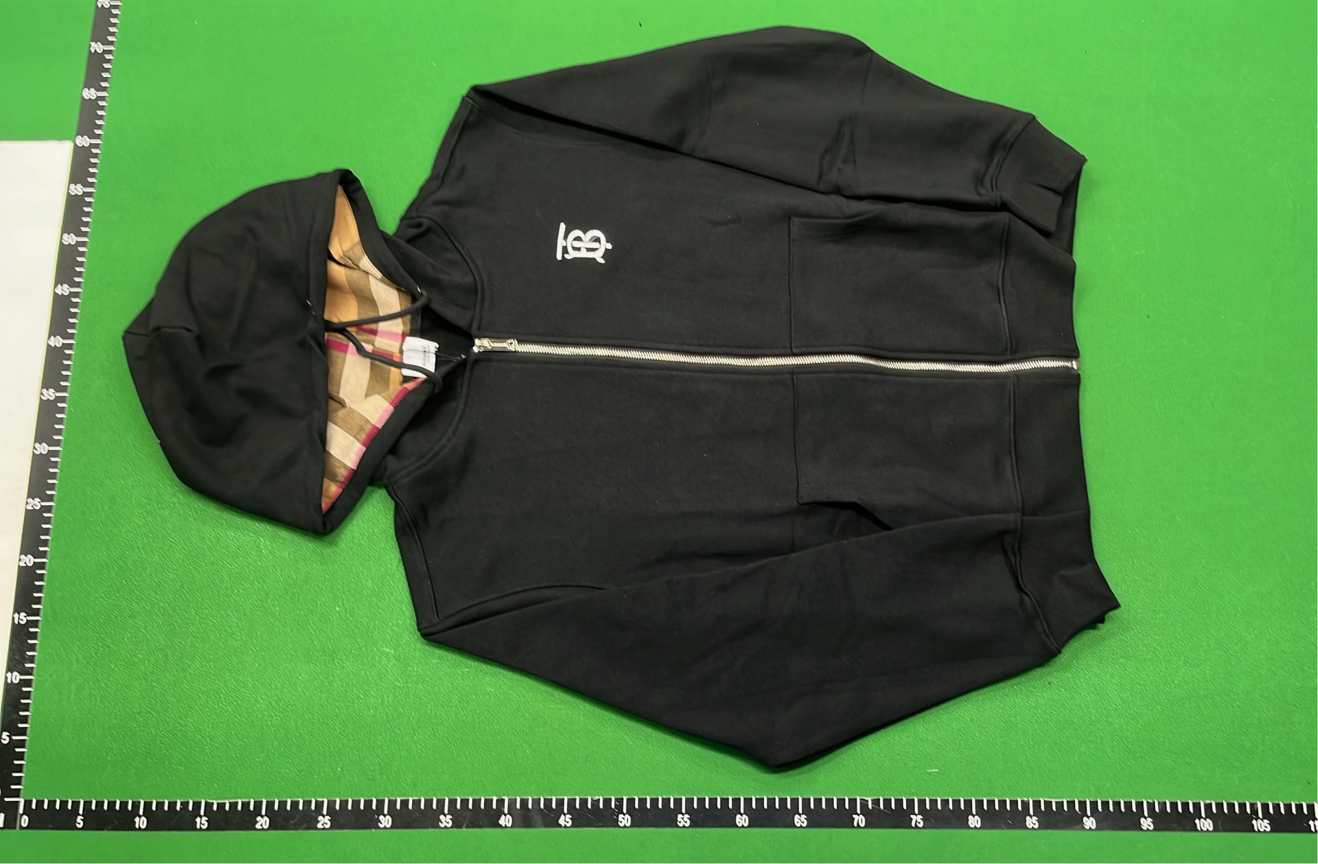 Black Hoodie with Red Logo and Checkered Lining