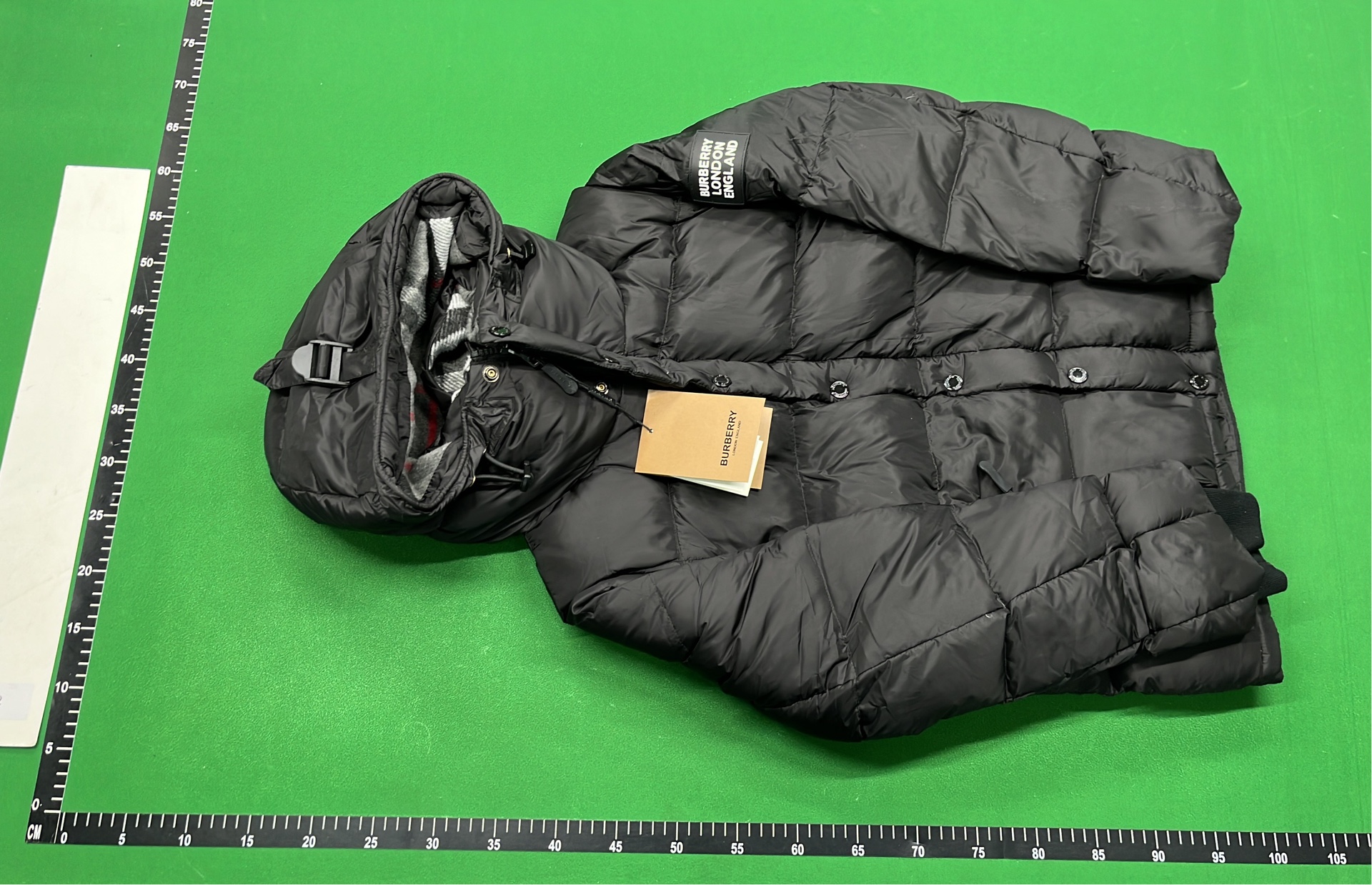 Black Puffer Jacket with Hood and Plaid Lining
