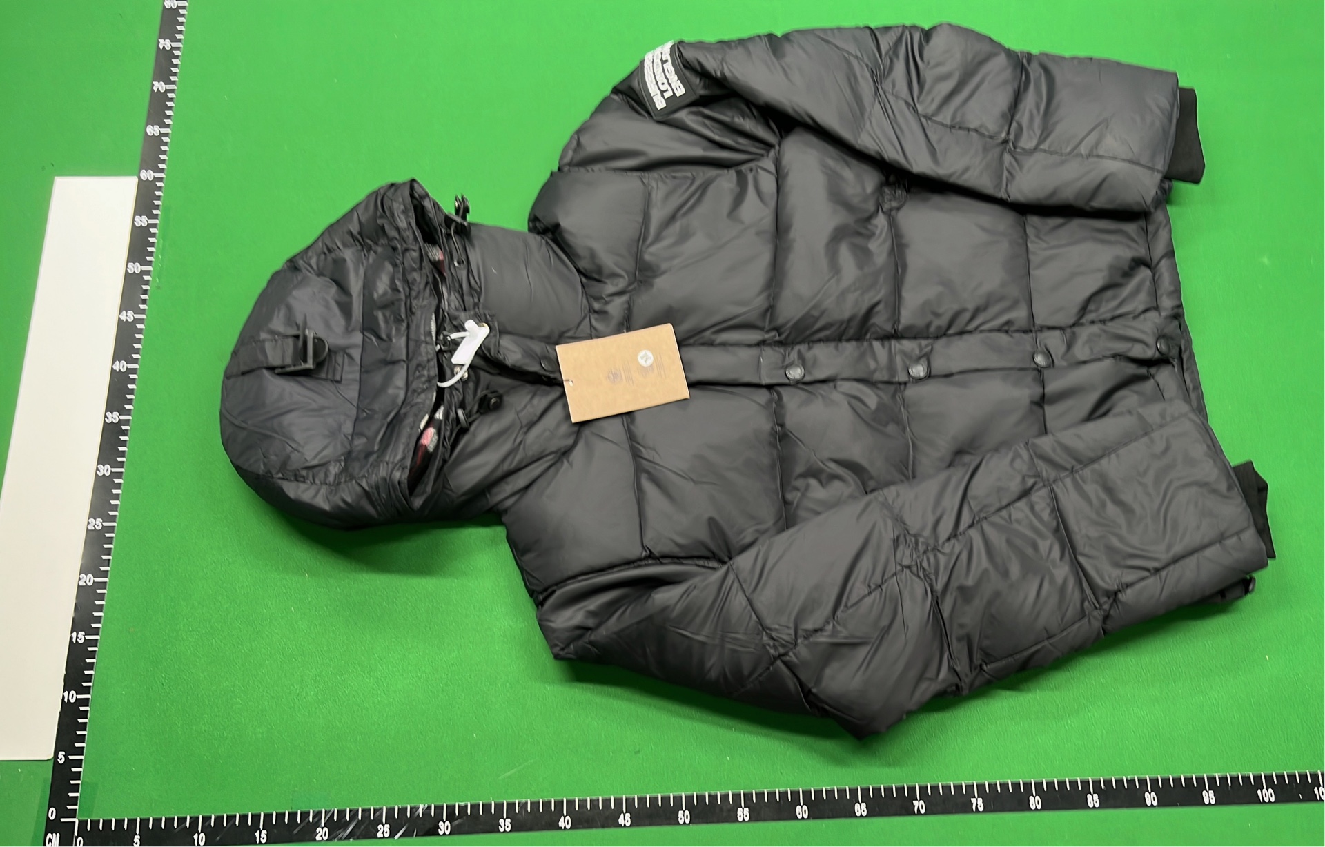 Beige Puffer Jacket with Hood and Plaid Lining