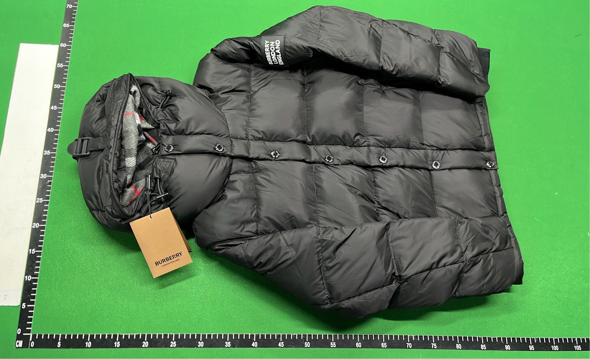 Beige Quilted Down Jacket with Check Lining and Hood