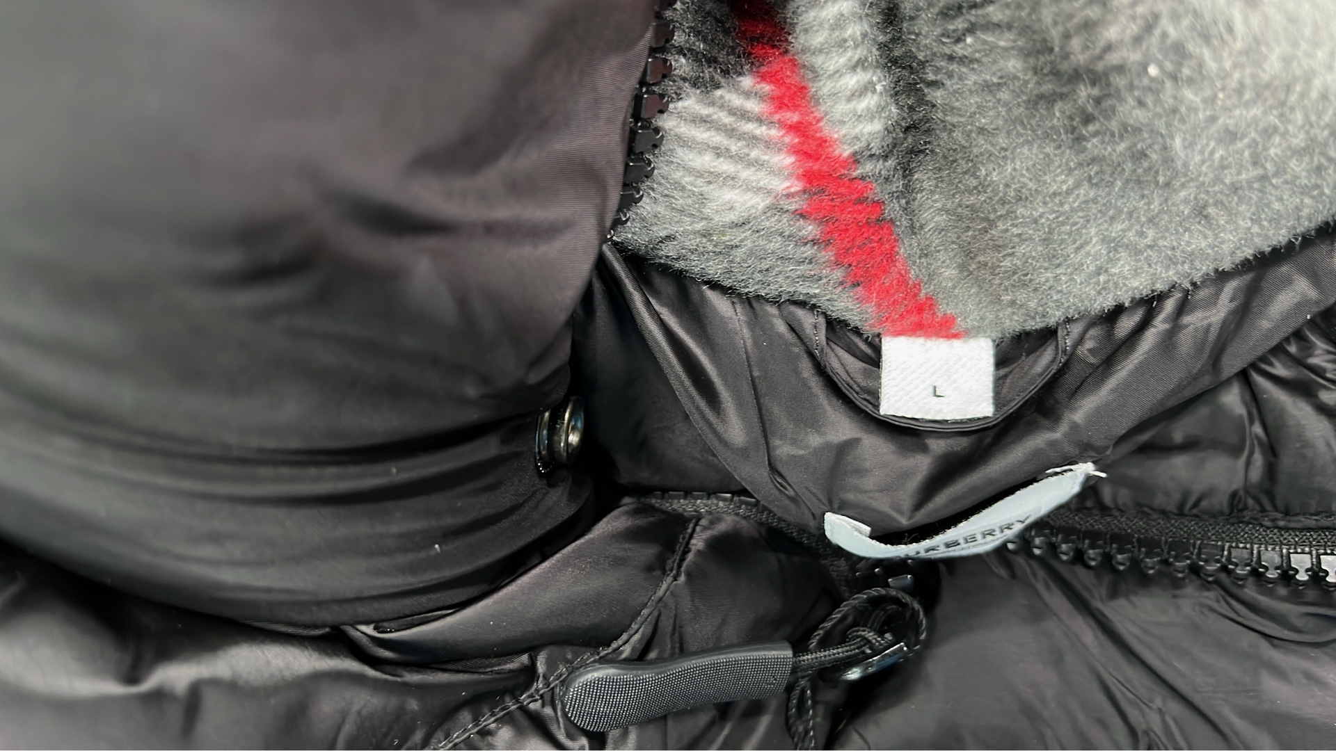 Beige Quilted Down Jacket with Check Lining and Hood