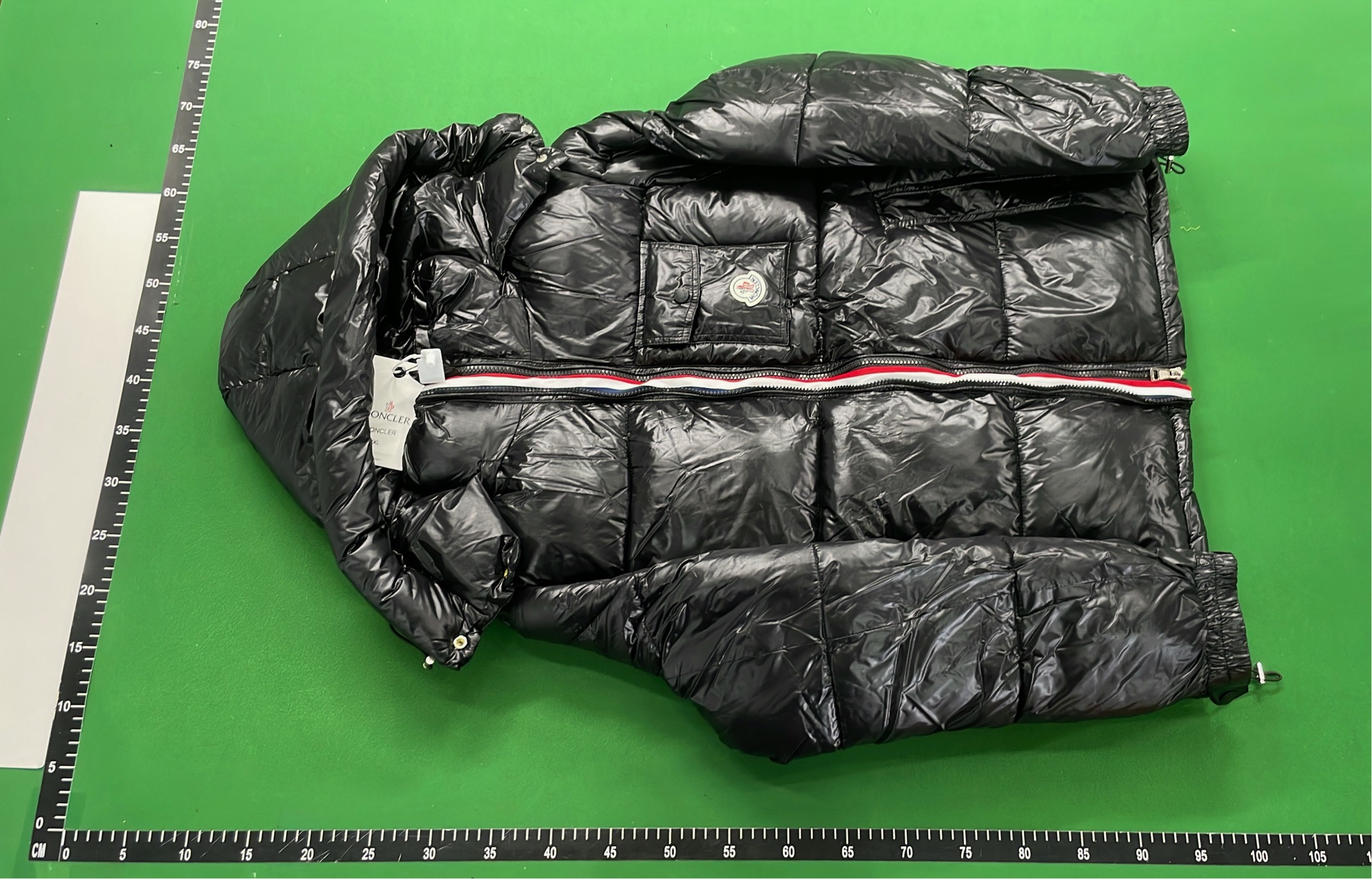 Moncler Black Puffer Jacket with Red White Stripe