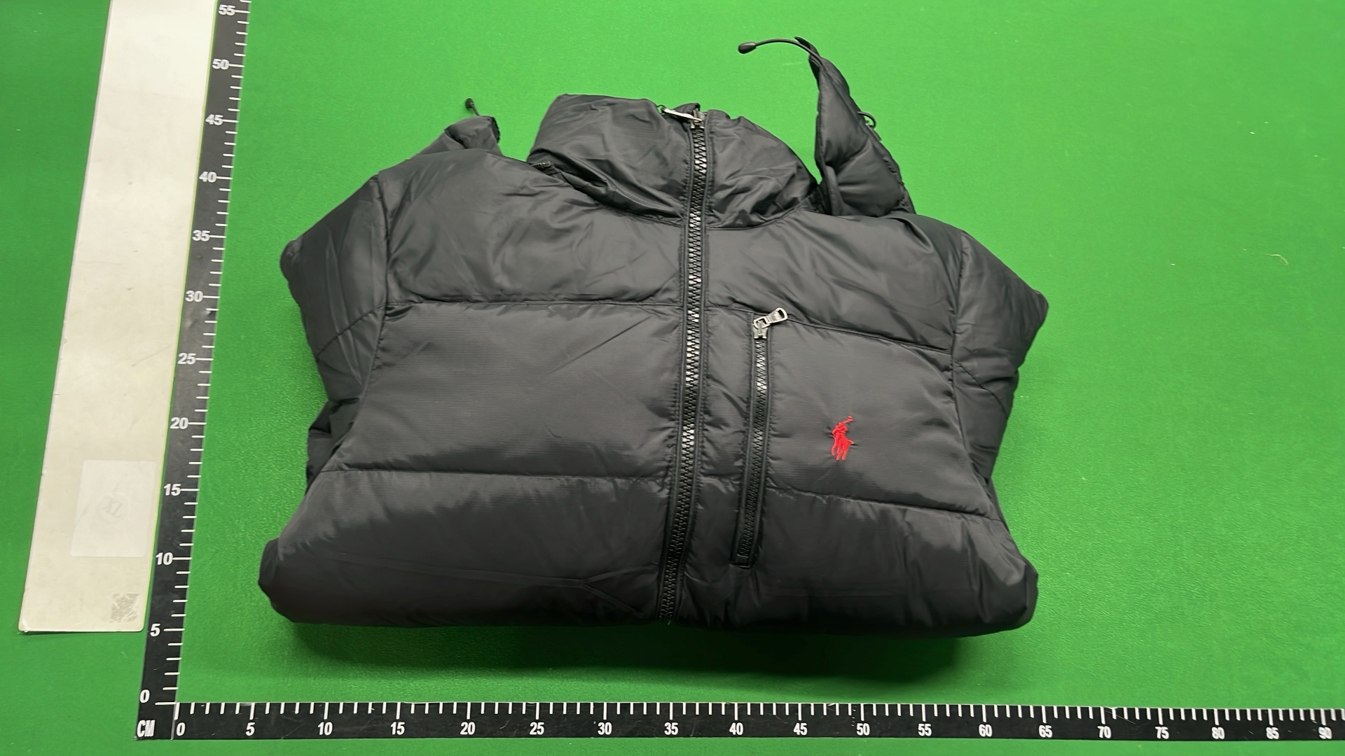Black Puffer Jacket with Hood and Red Pony Logo