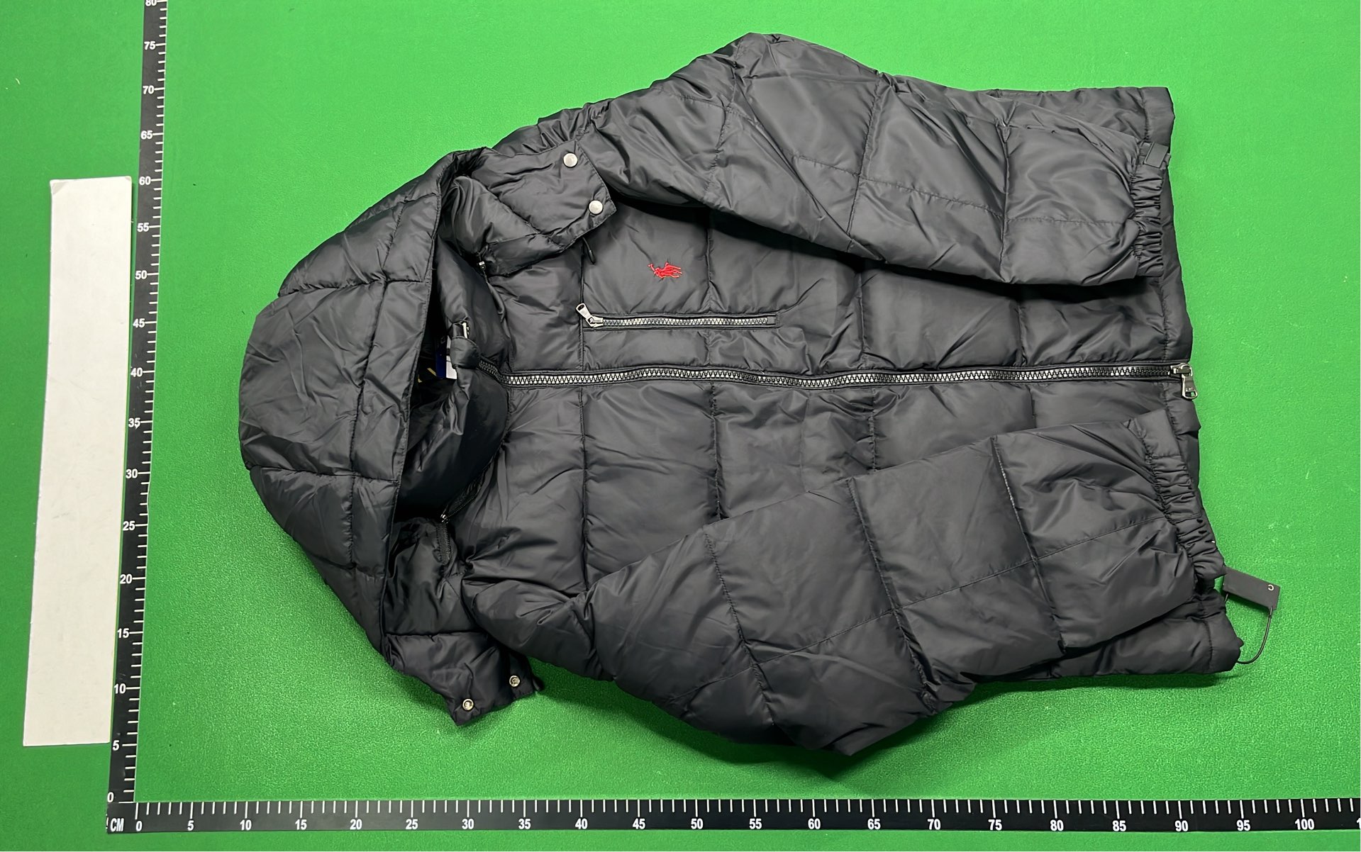 Black Puffer Jacket with Hood and Red Pony Logo