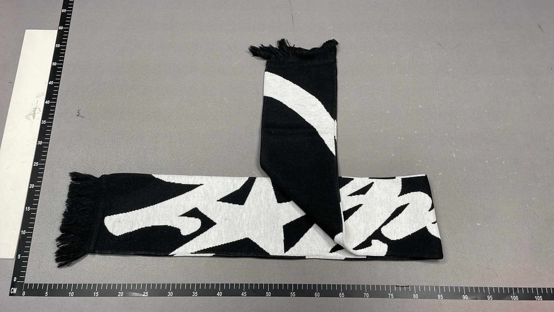 Black and White Geometric Pattern Scarf with Fringe