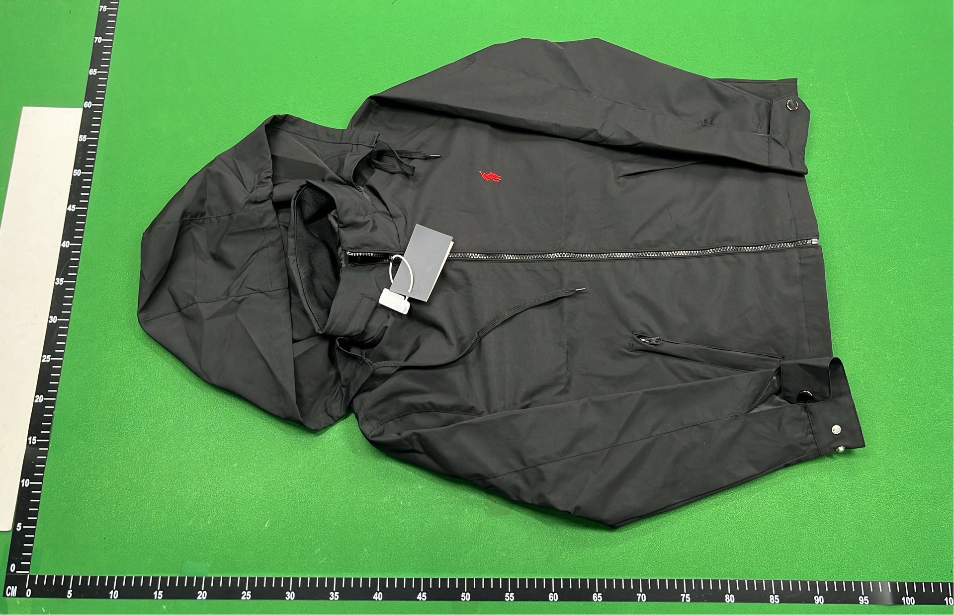 Black Hooded Windbreaker Jacket with Red Pony Logo
