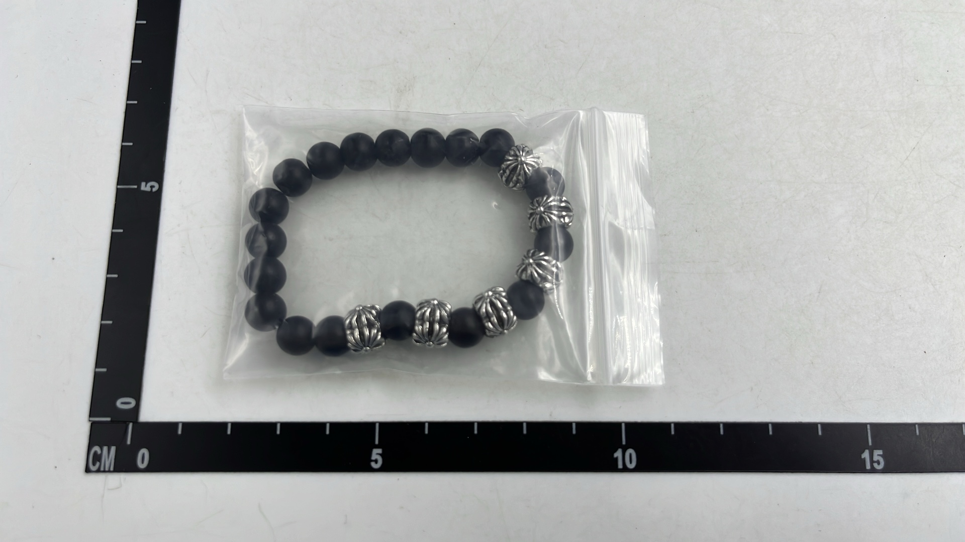 Men's Matte Black Beaded Bracelet with Silver Accents