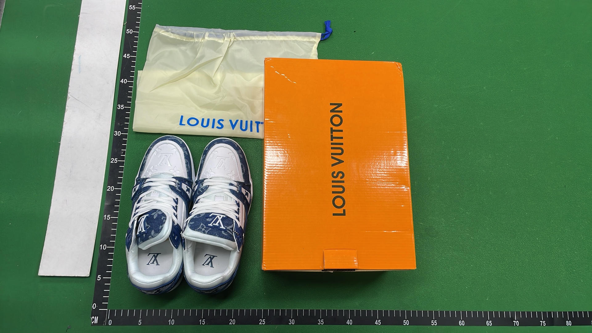 White and Green VUITTON Sneakers with Bold Logo Design