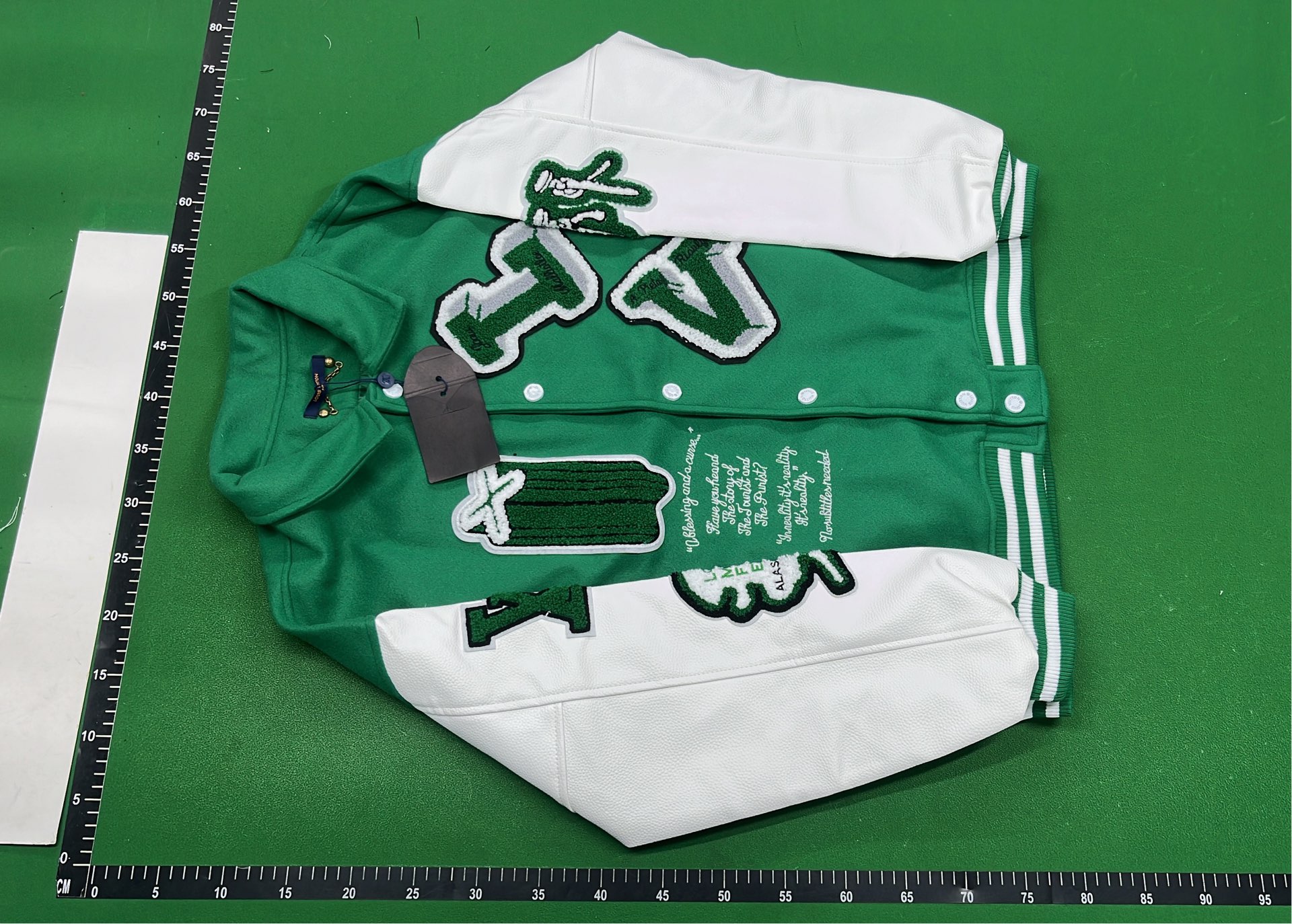 Green and White Embroidered Varsity Jacket with Skull Design