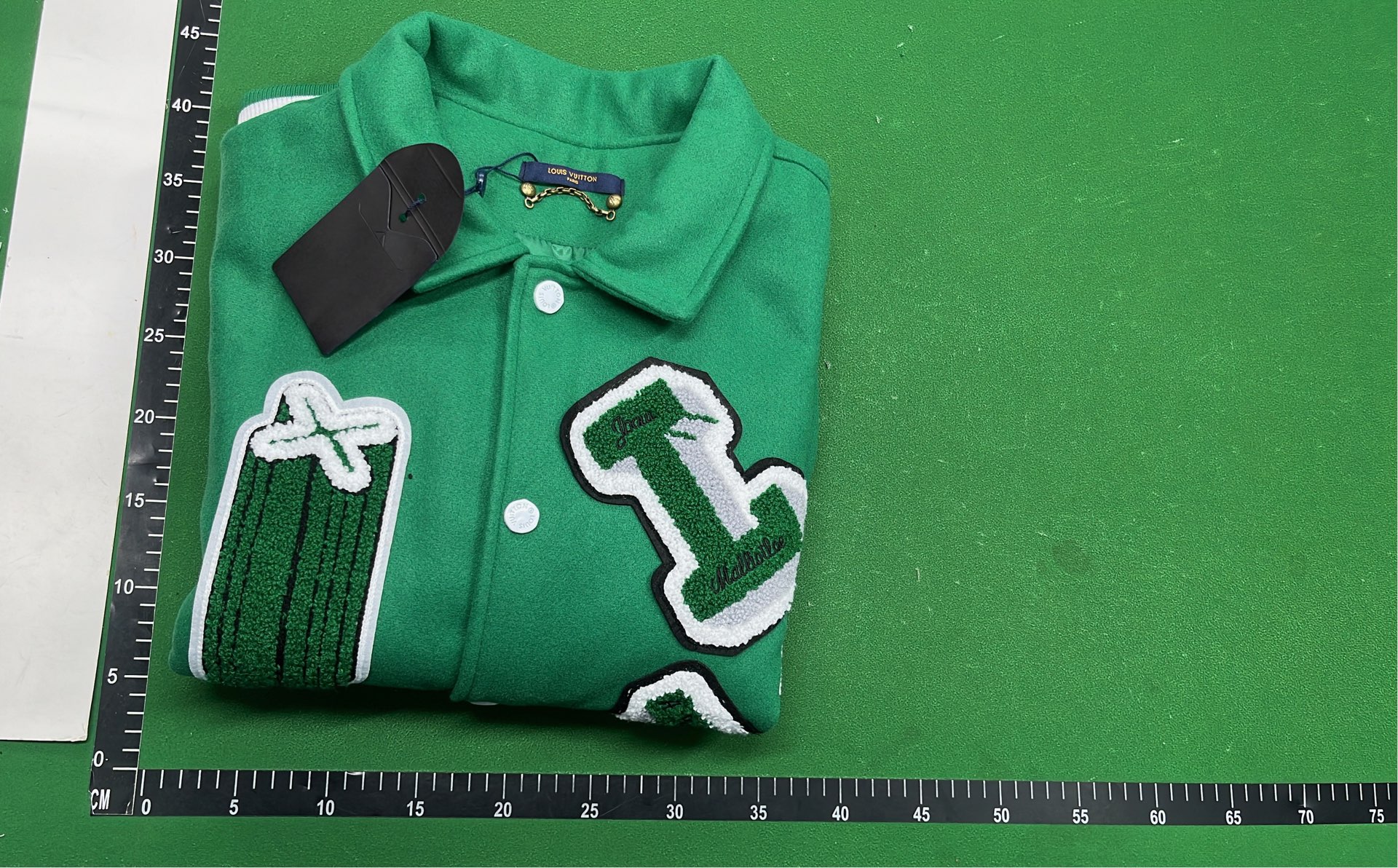 Green and White Embroidered Varsity Jacket with Skull Design