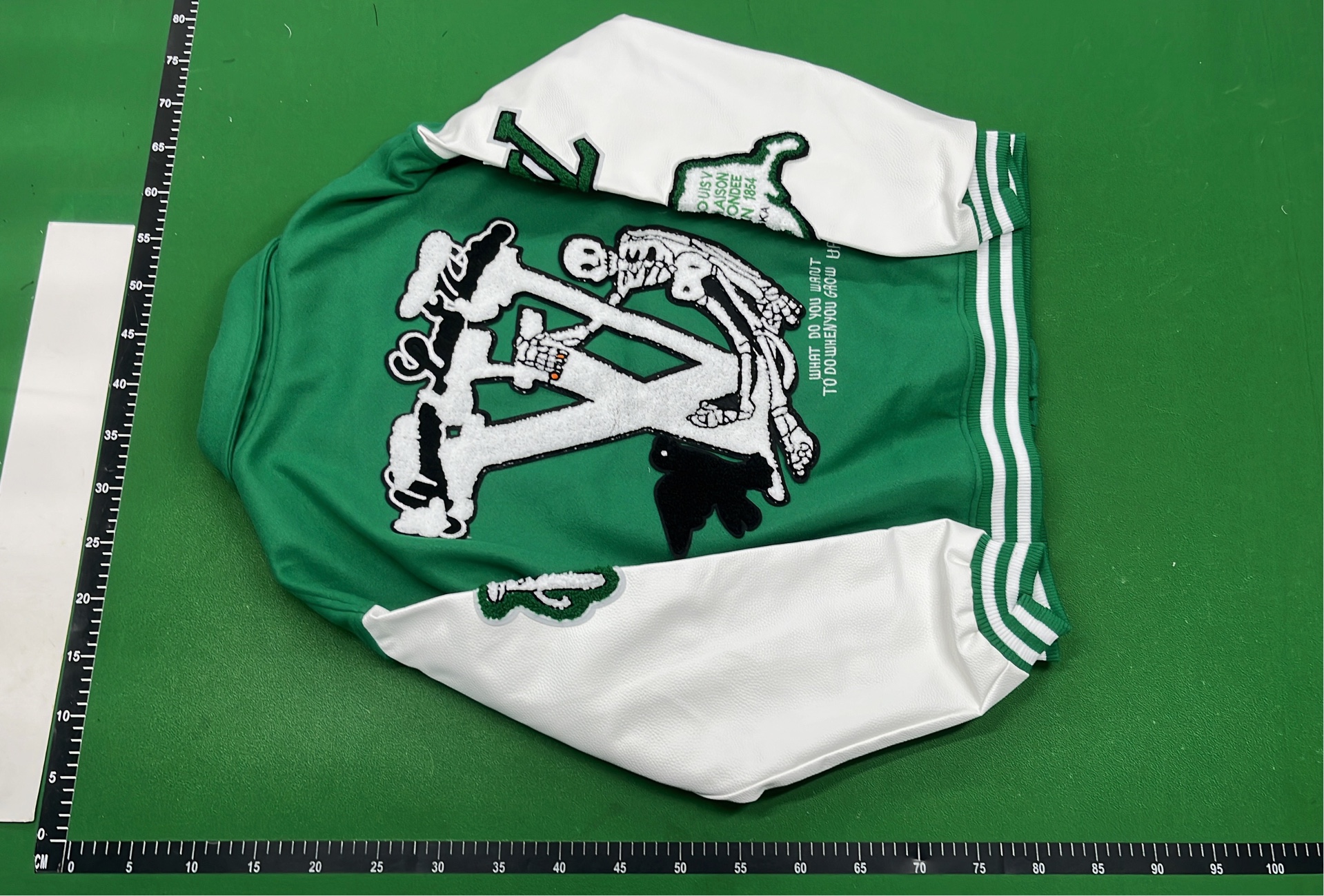 Green and White Embroidered Varsity Jacket with Skull Design