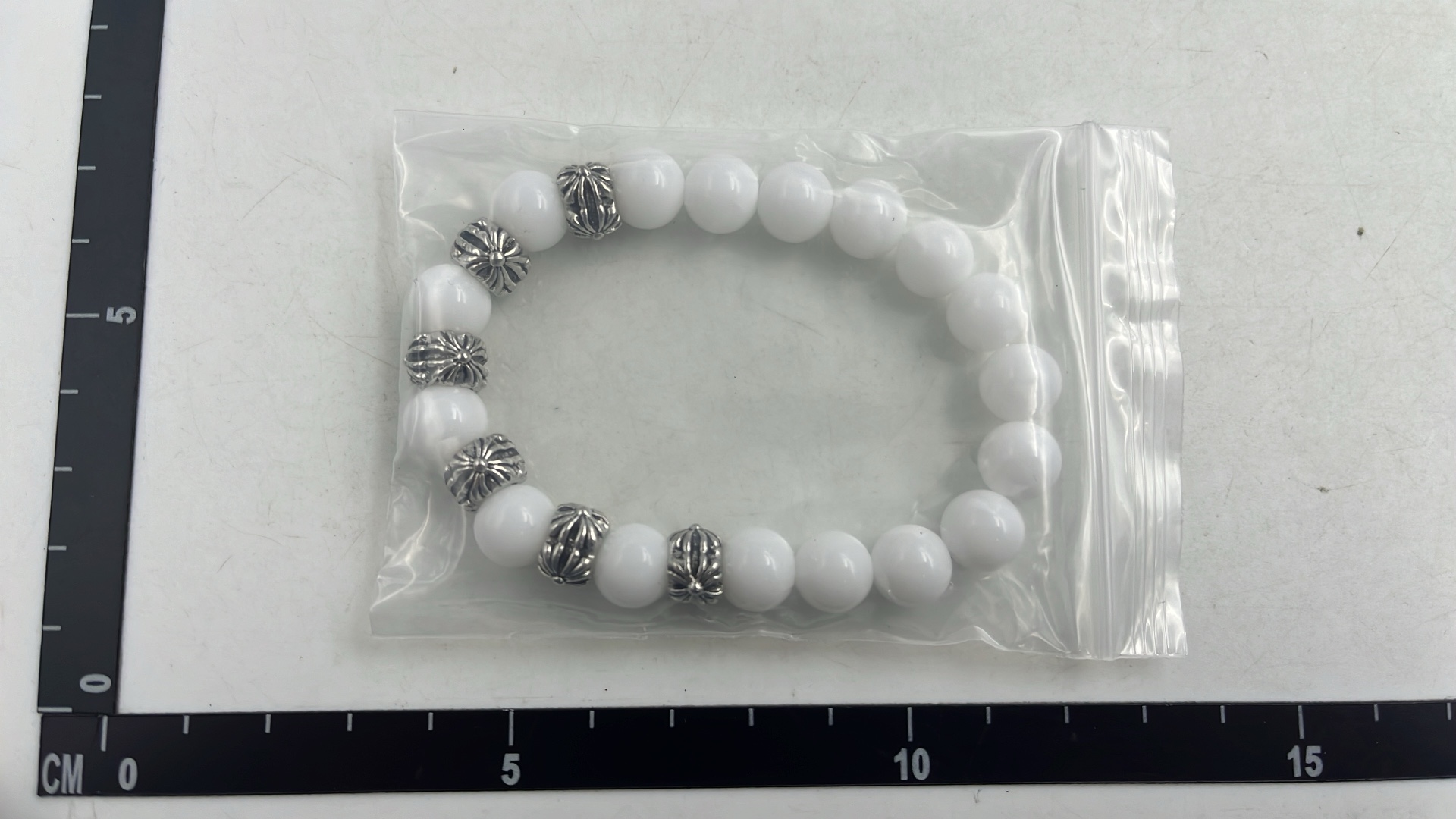 White Cat's Eye Stone Men's Bracelet with Silver Beads