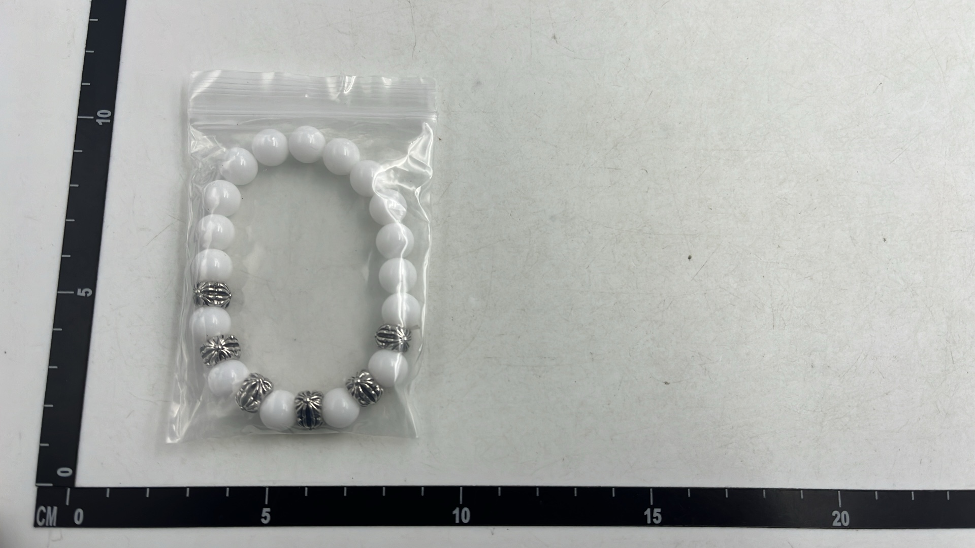 White Cat's Eye Stone Men's Bracelet with Silver Beads