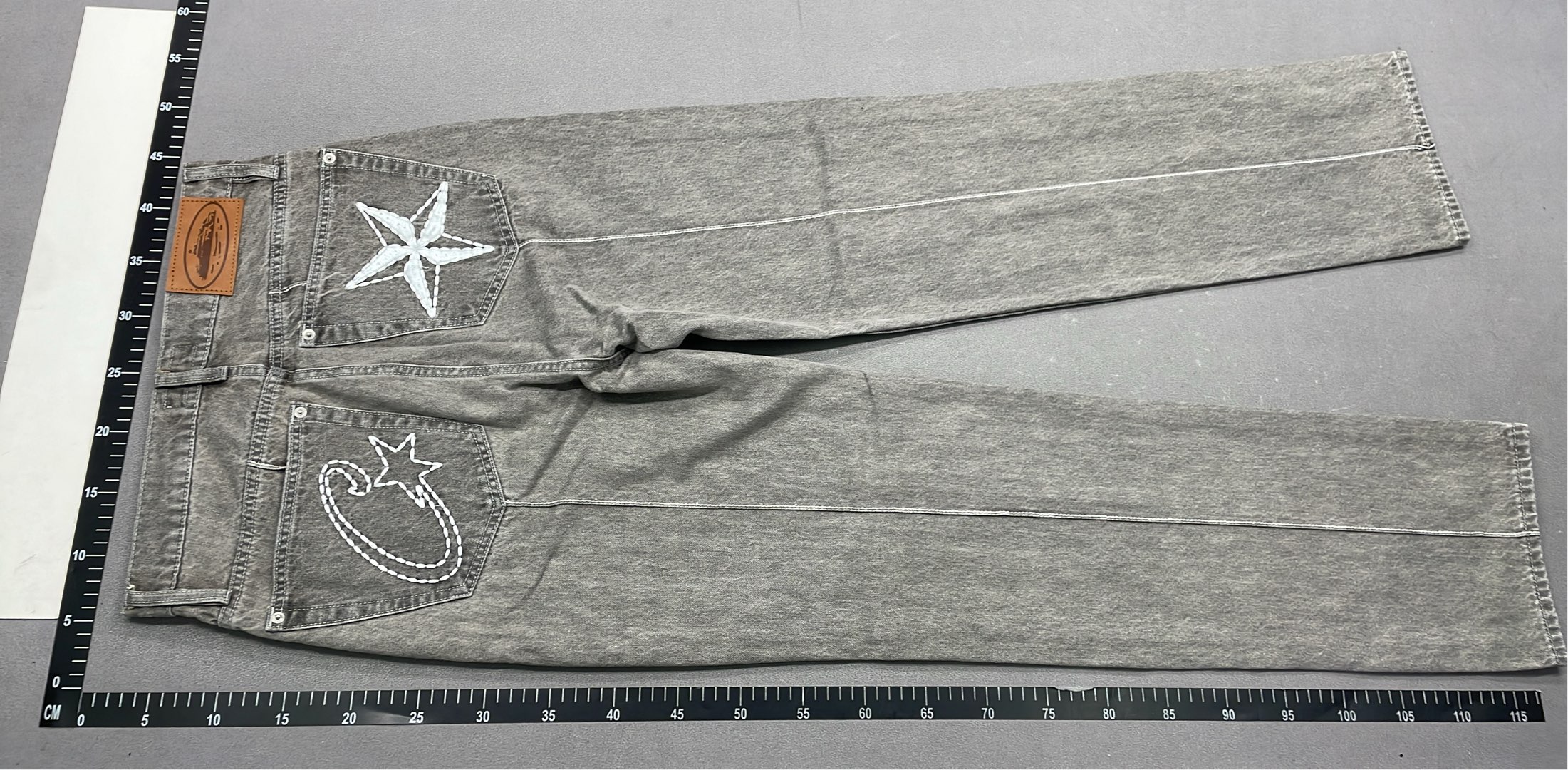 Gray Denim Pants with Star Embroidery