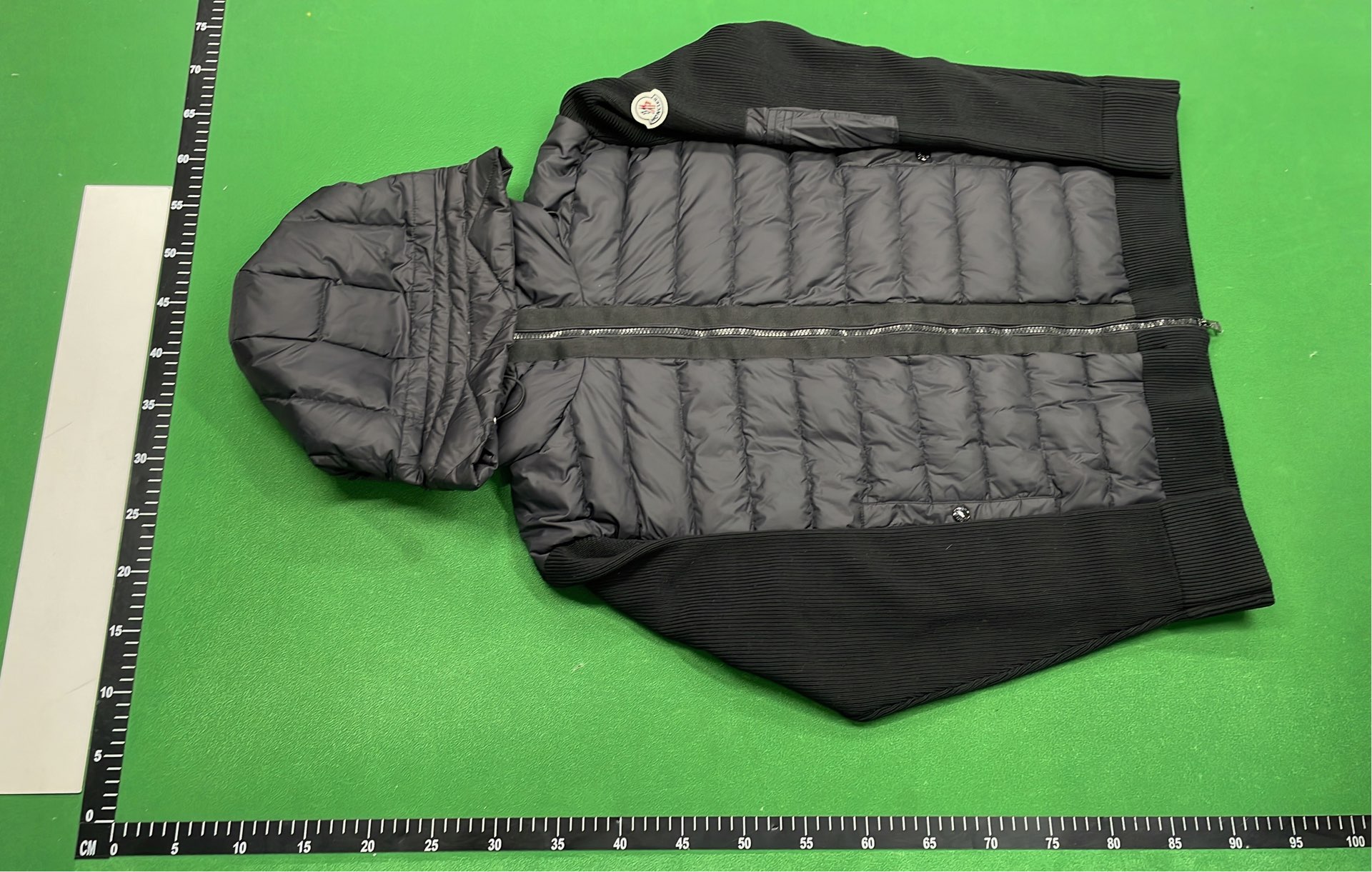 Men's Black Quilted Hooded Down Jacket with Knit Sleeves
