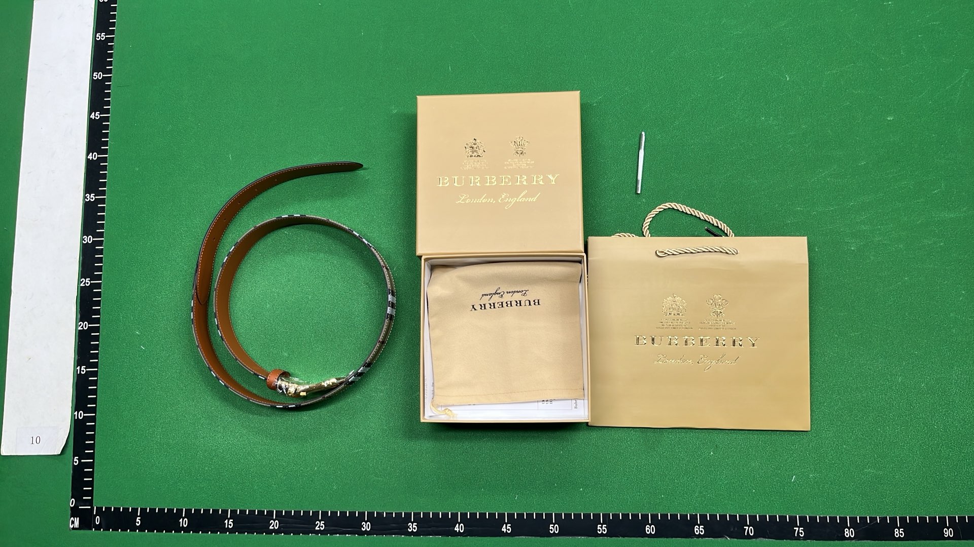 Burberry Check Pattern Belt with Gold and Silver Buckle