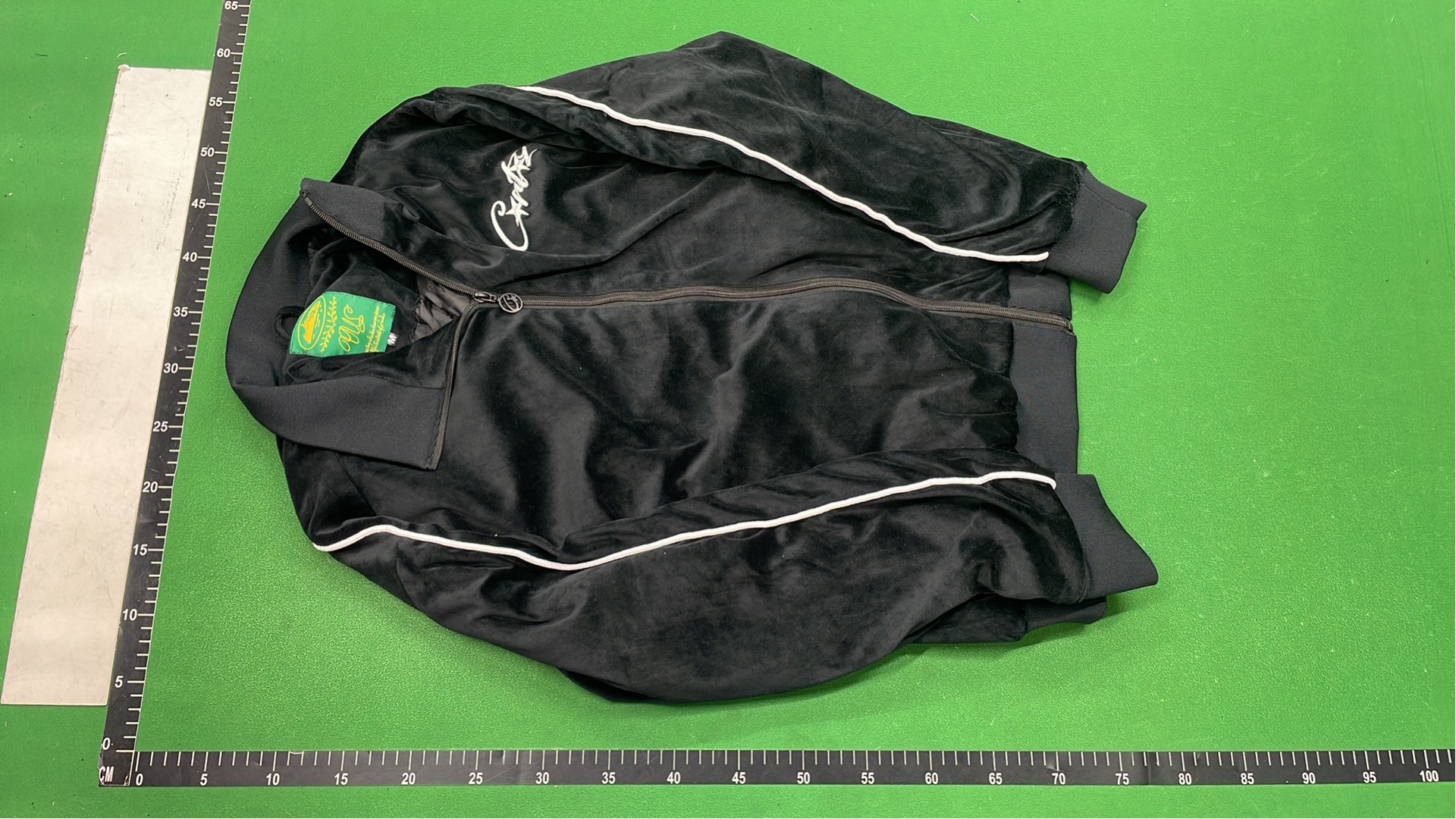 Black Velvet Track Jacket with White Stripes