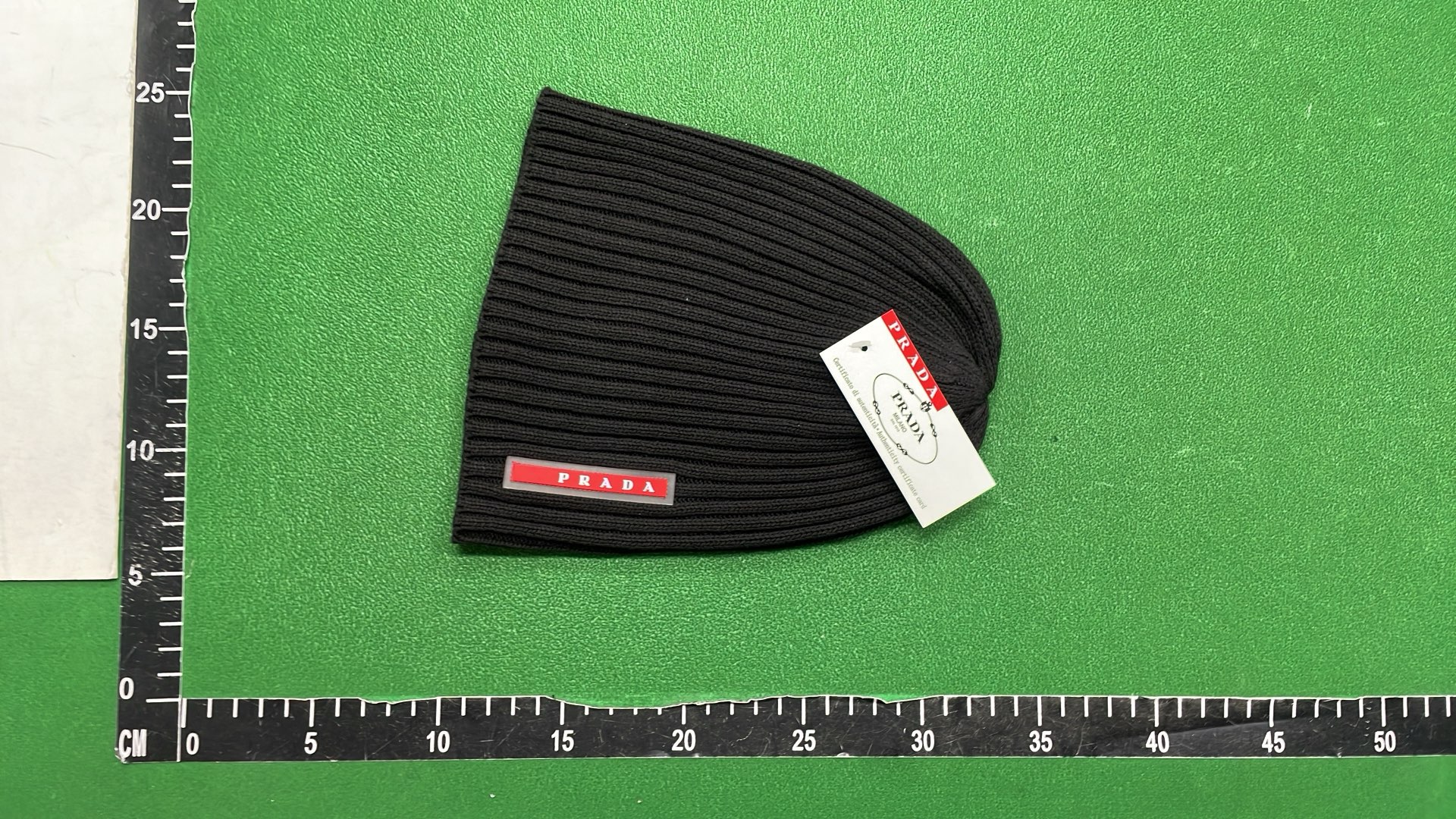 Prada Black Ribbed Knit Beanie with Logo Patch