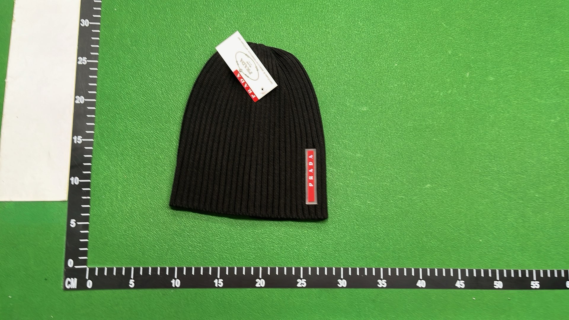 Prada Black Ribbed Knit Beanie with Logo Patch