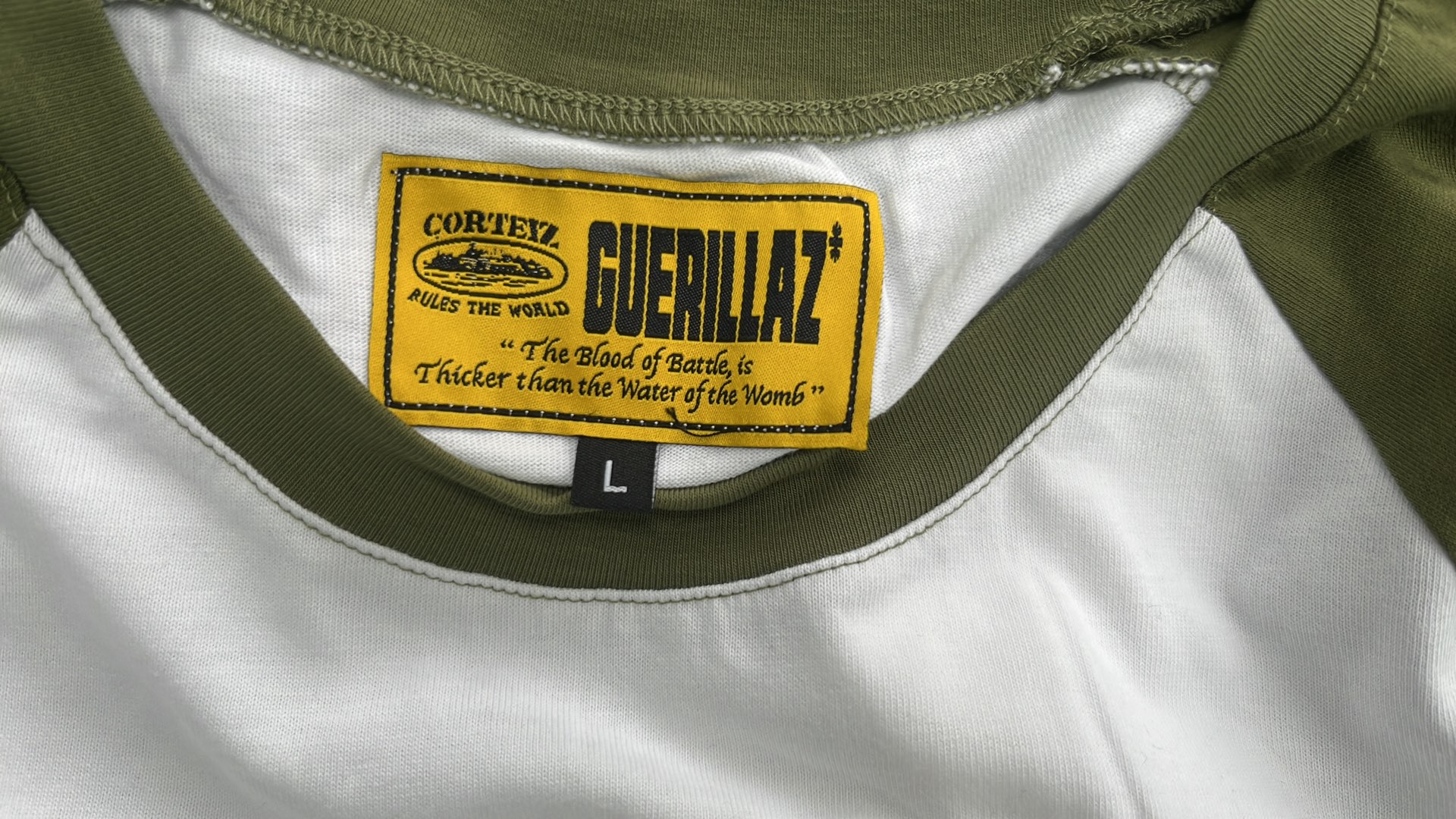 White Raglan T-Shirt with Olive and Black Sleeves