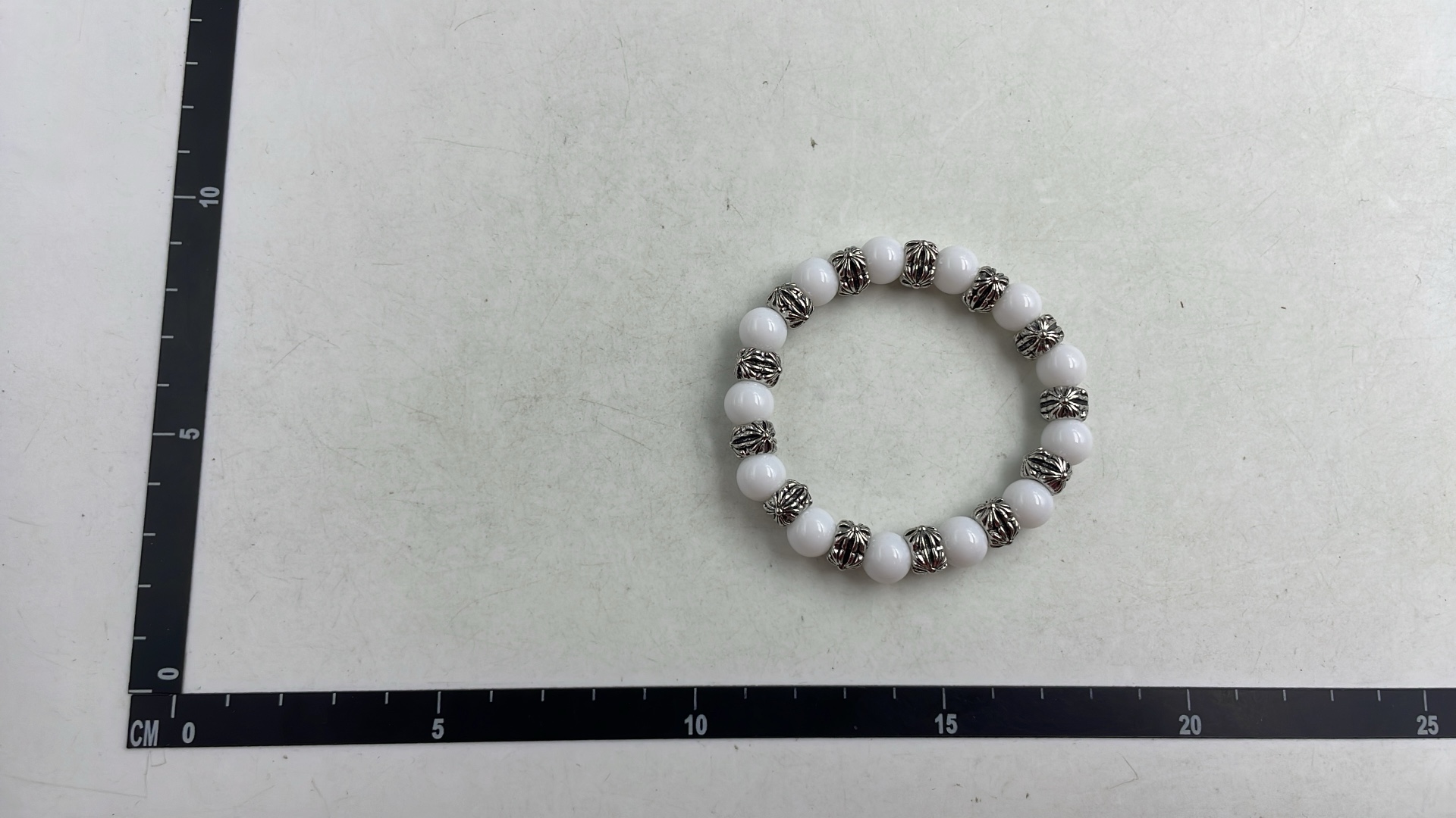 White Cat's Eye Stone Men's Bracelet with Silver Beads