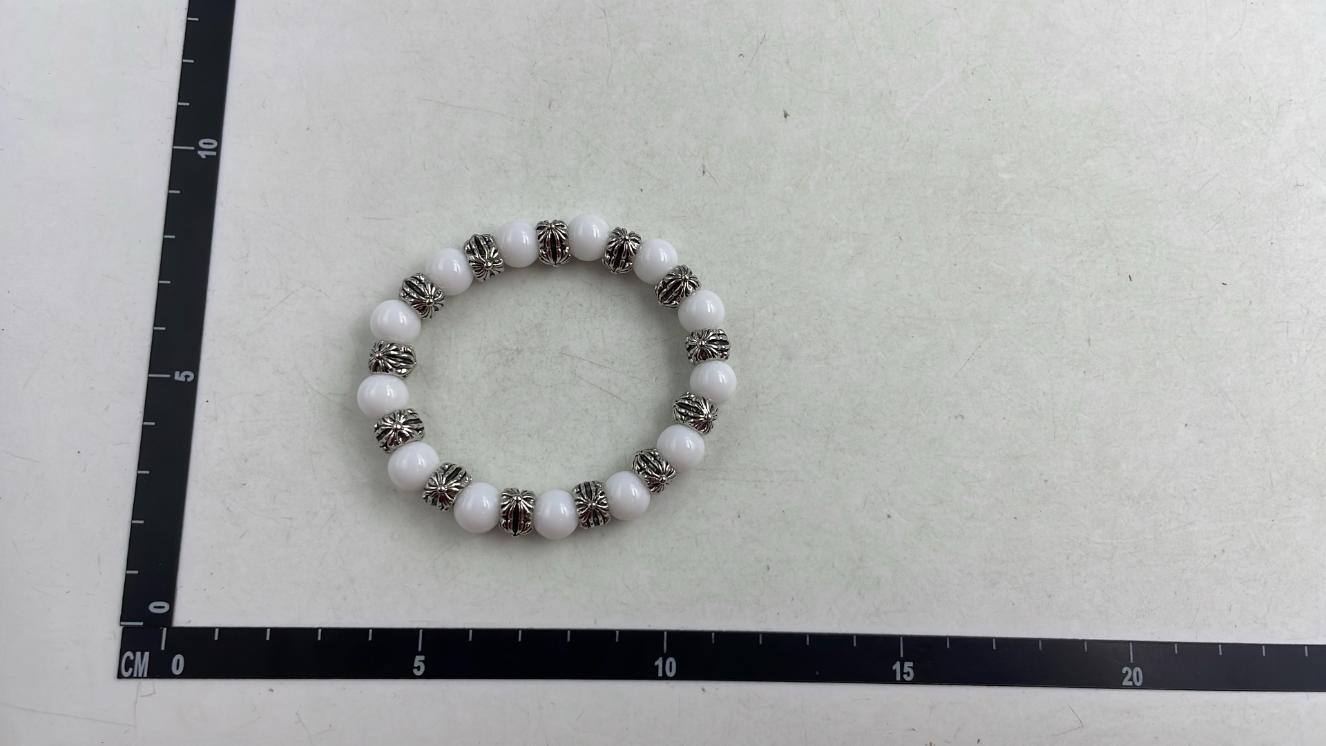 White Cat's Eye Stone Men's Bracelet with Silver Beads