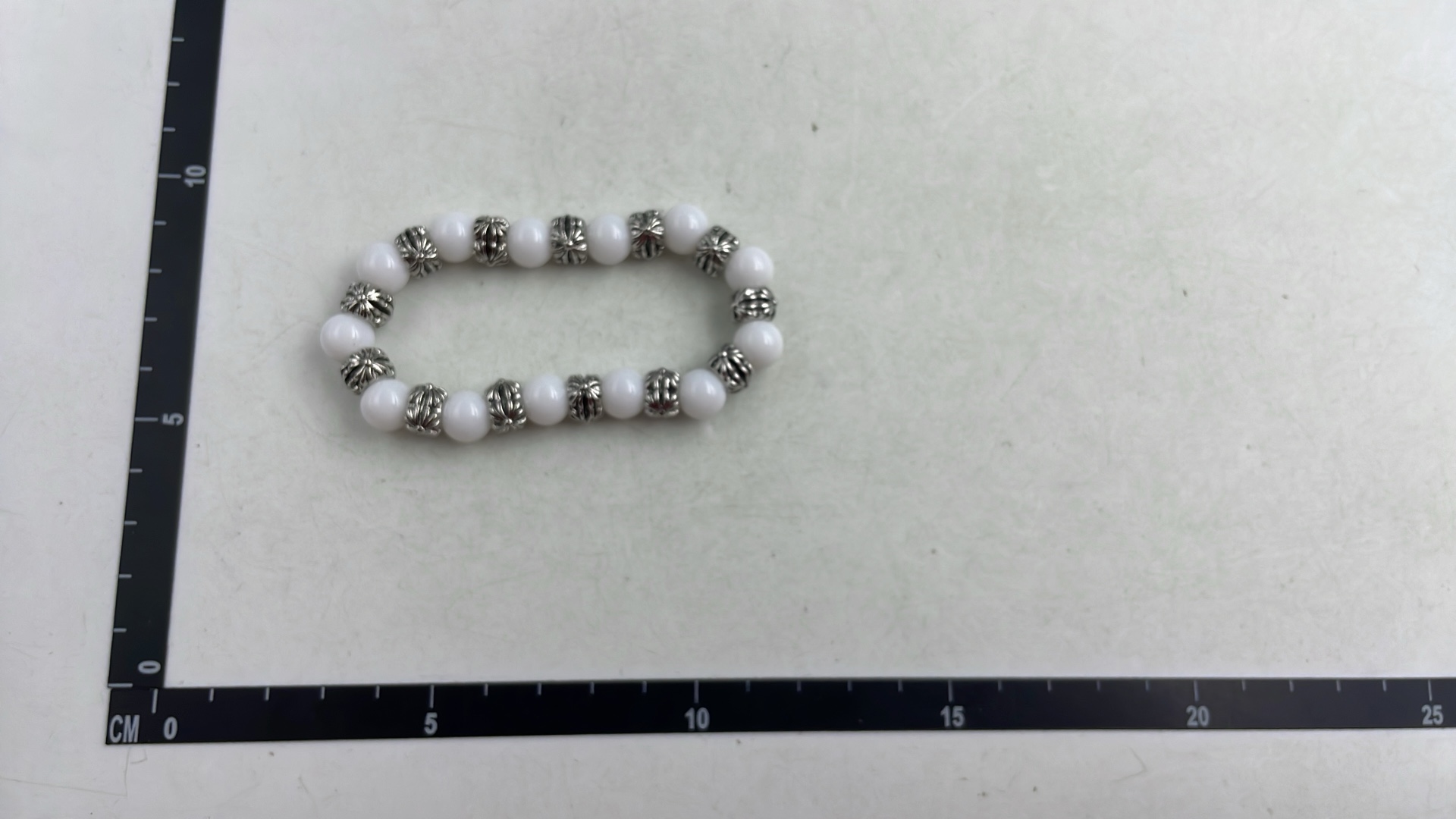 White Cat's Eye Stone Men's Bracelet with Silver Beads
