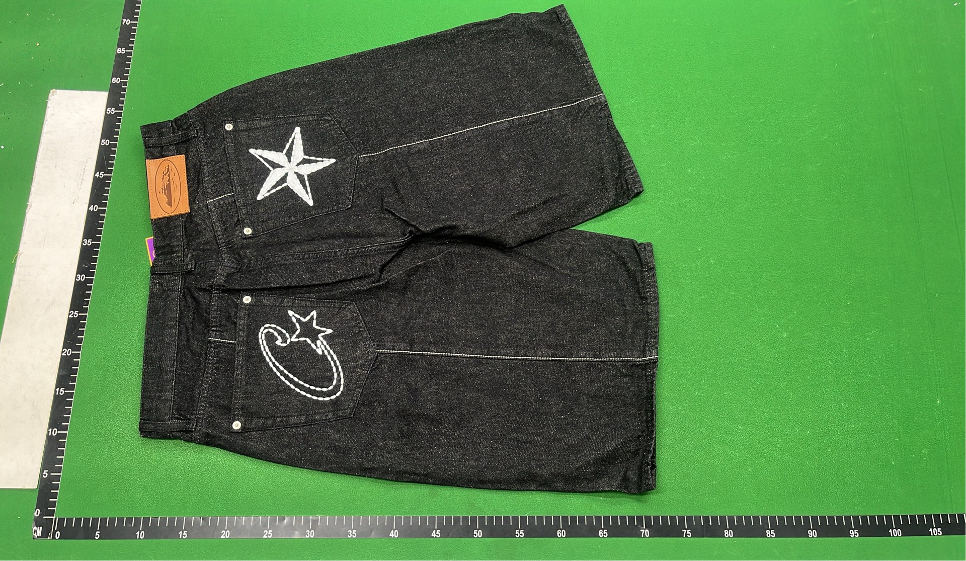 Black Denim Shorts with White Stitching Design