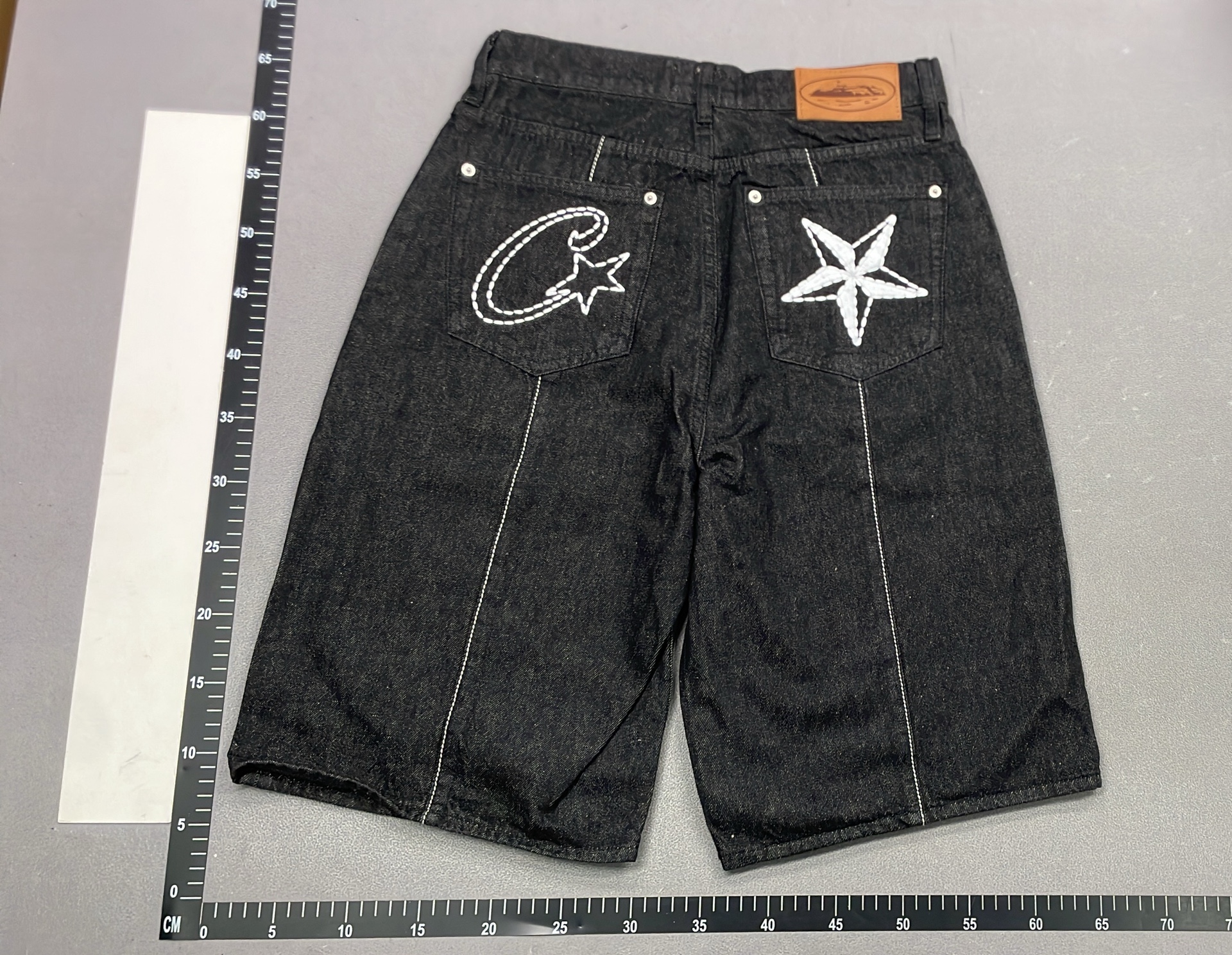 Black Denim Shorts with White Stitching Design