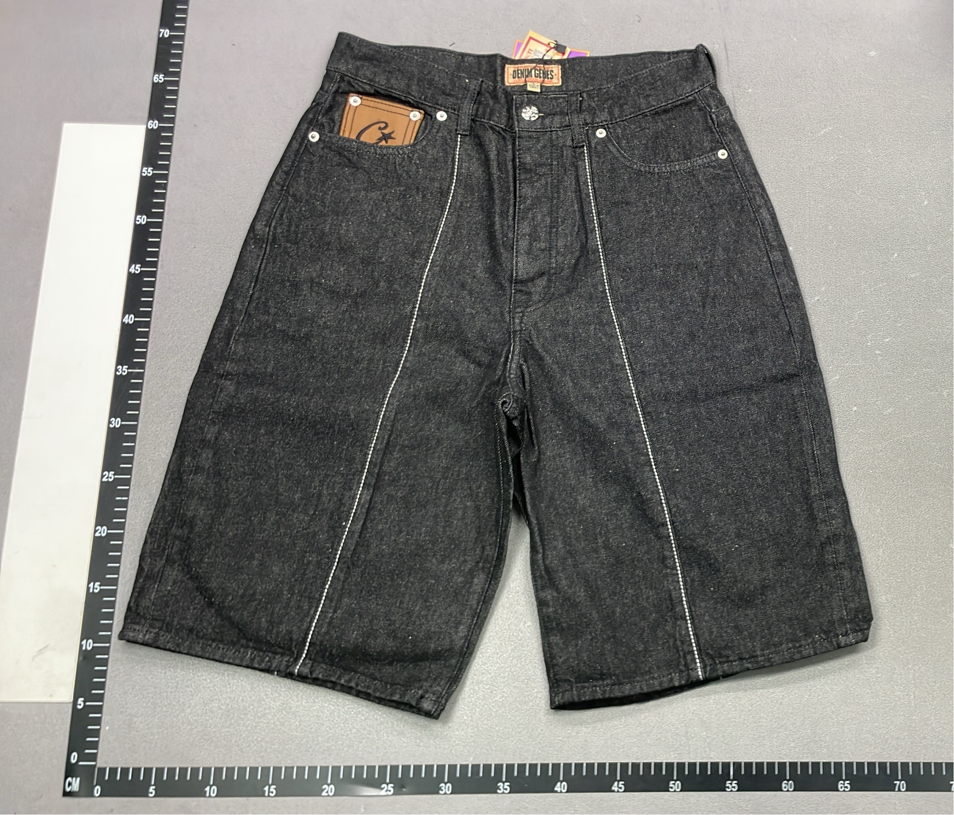 Black Denim Shorts with White Stitching Design