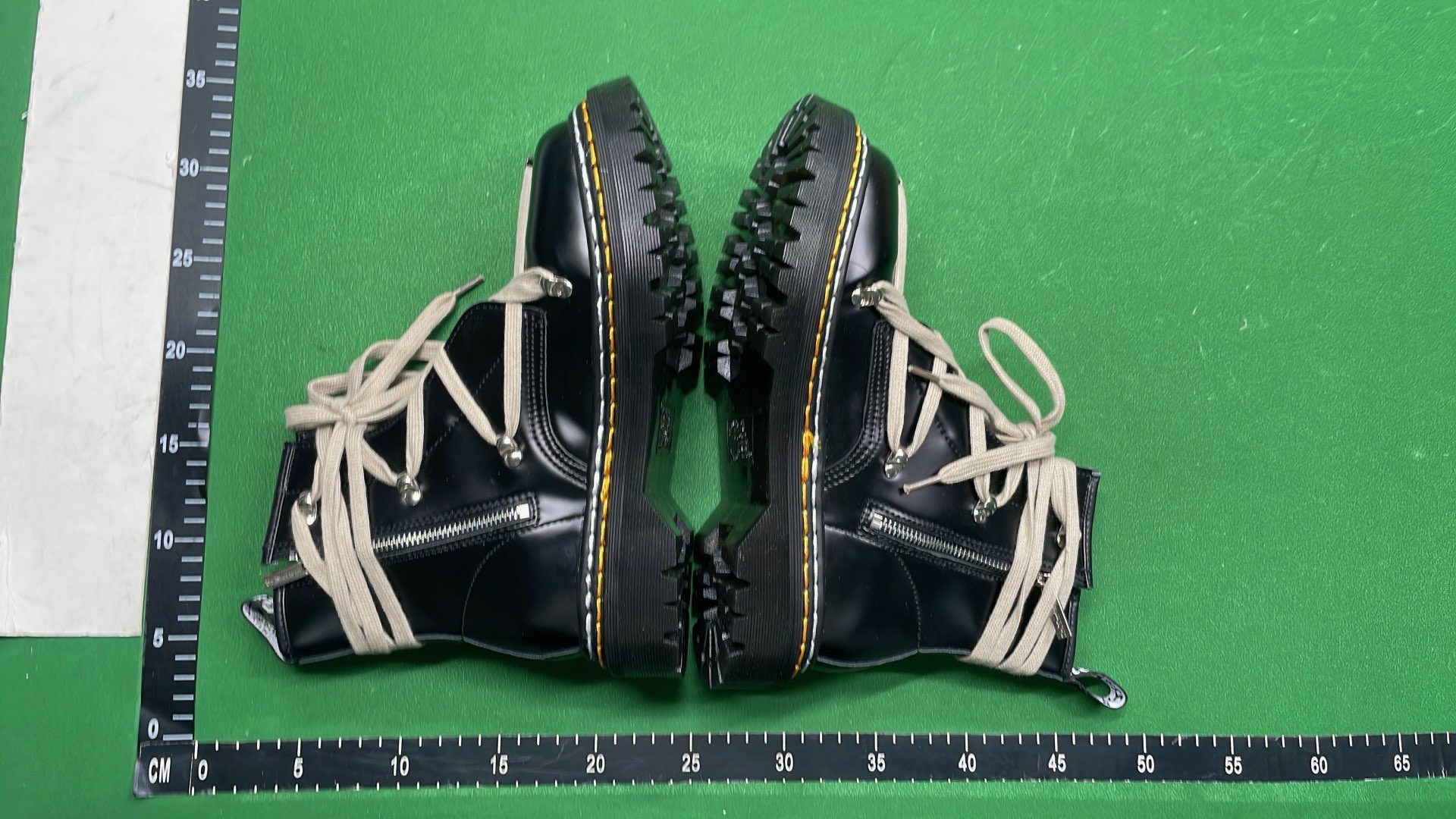 Black Leather Lace-Up Combat Boots with Zipper and Beige Laces