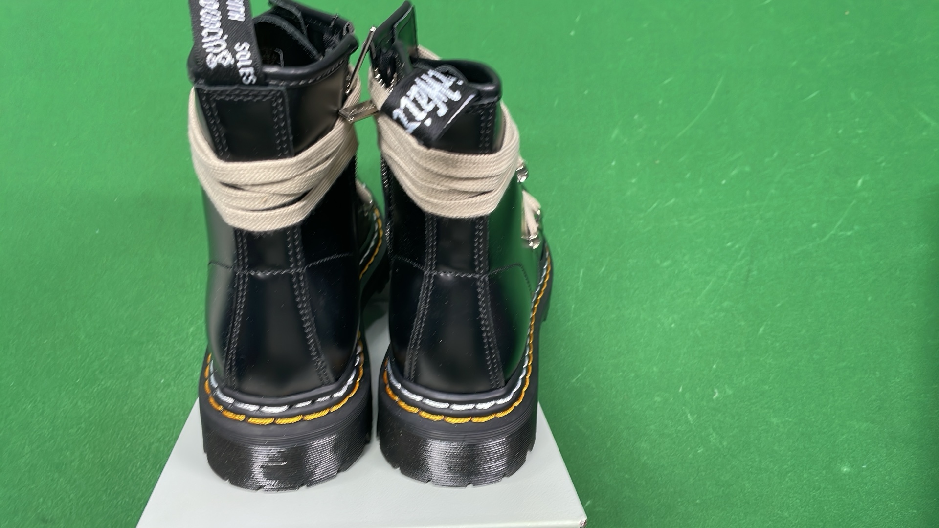 Black Leather Lace-Up Combat Boots with Zipper and Beige Laces