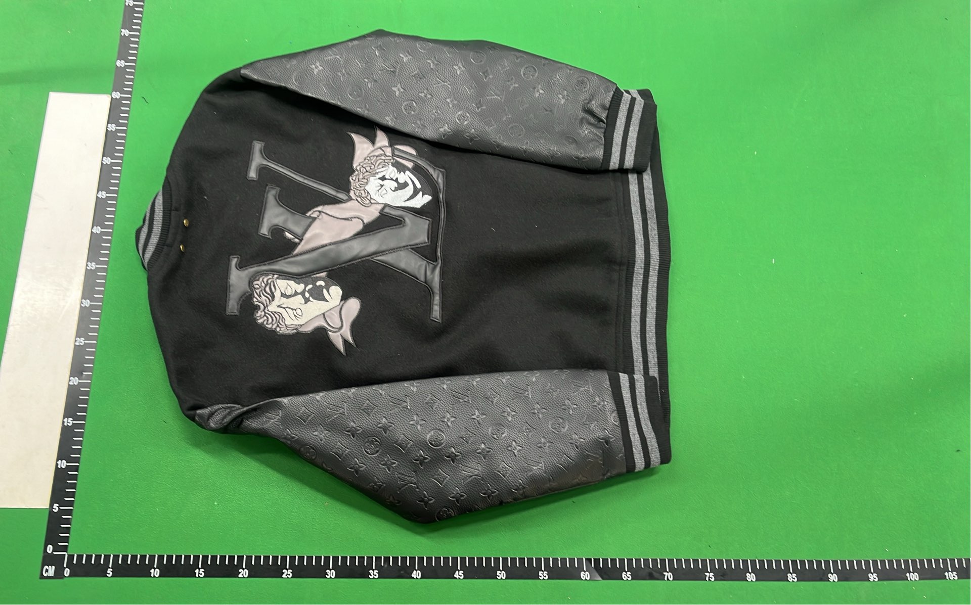 Green and White Embroidered Varsity Jacket with Skull Design