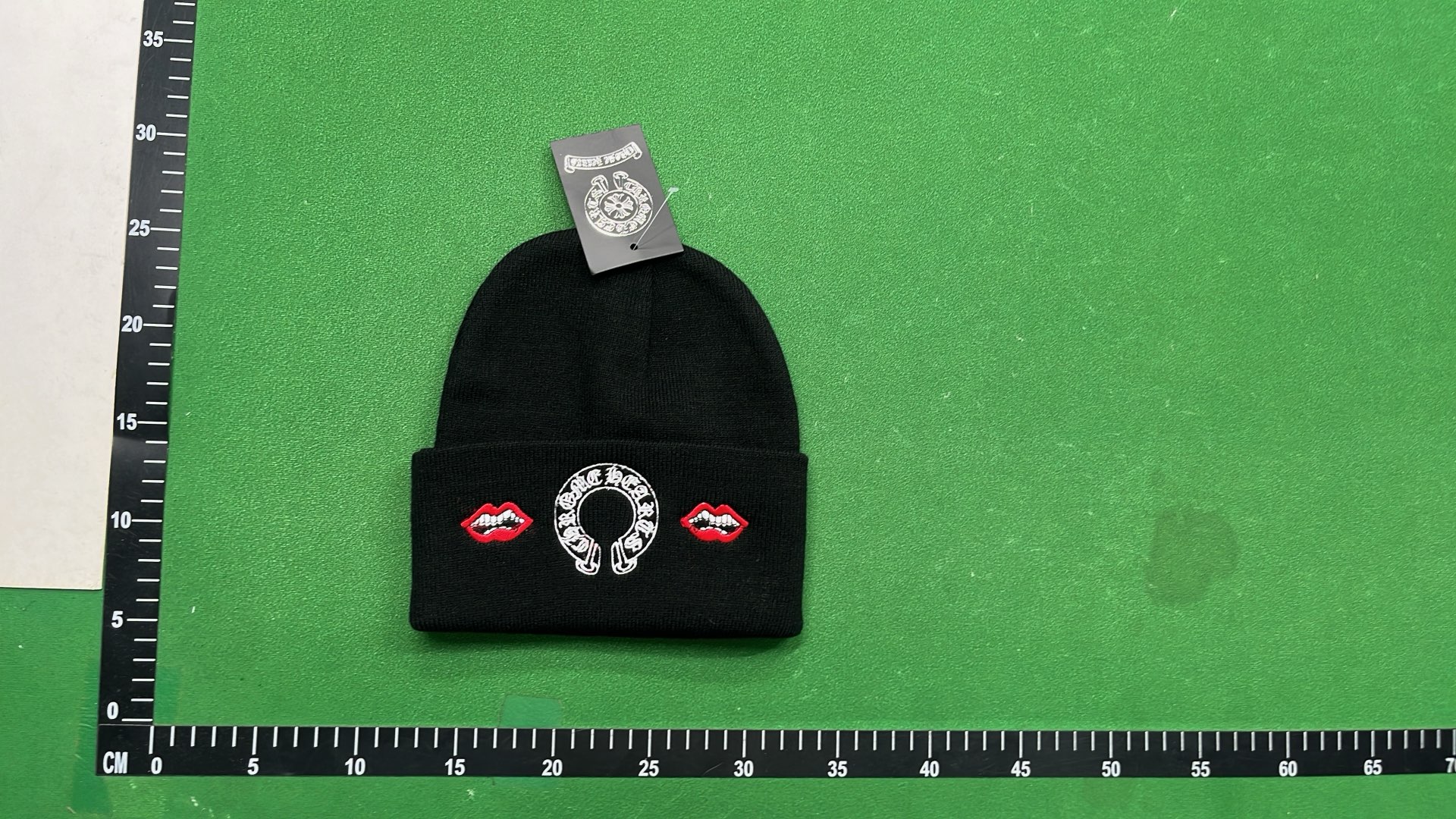 Black Beanie with Red Lips and Logo Embroidery