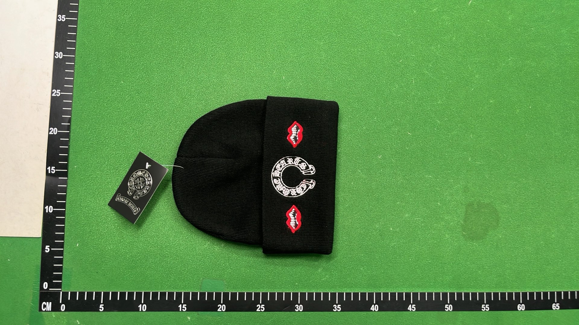 Black Beanie with Red Lips and Logo Embroidery