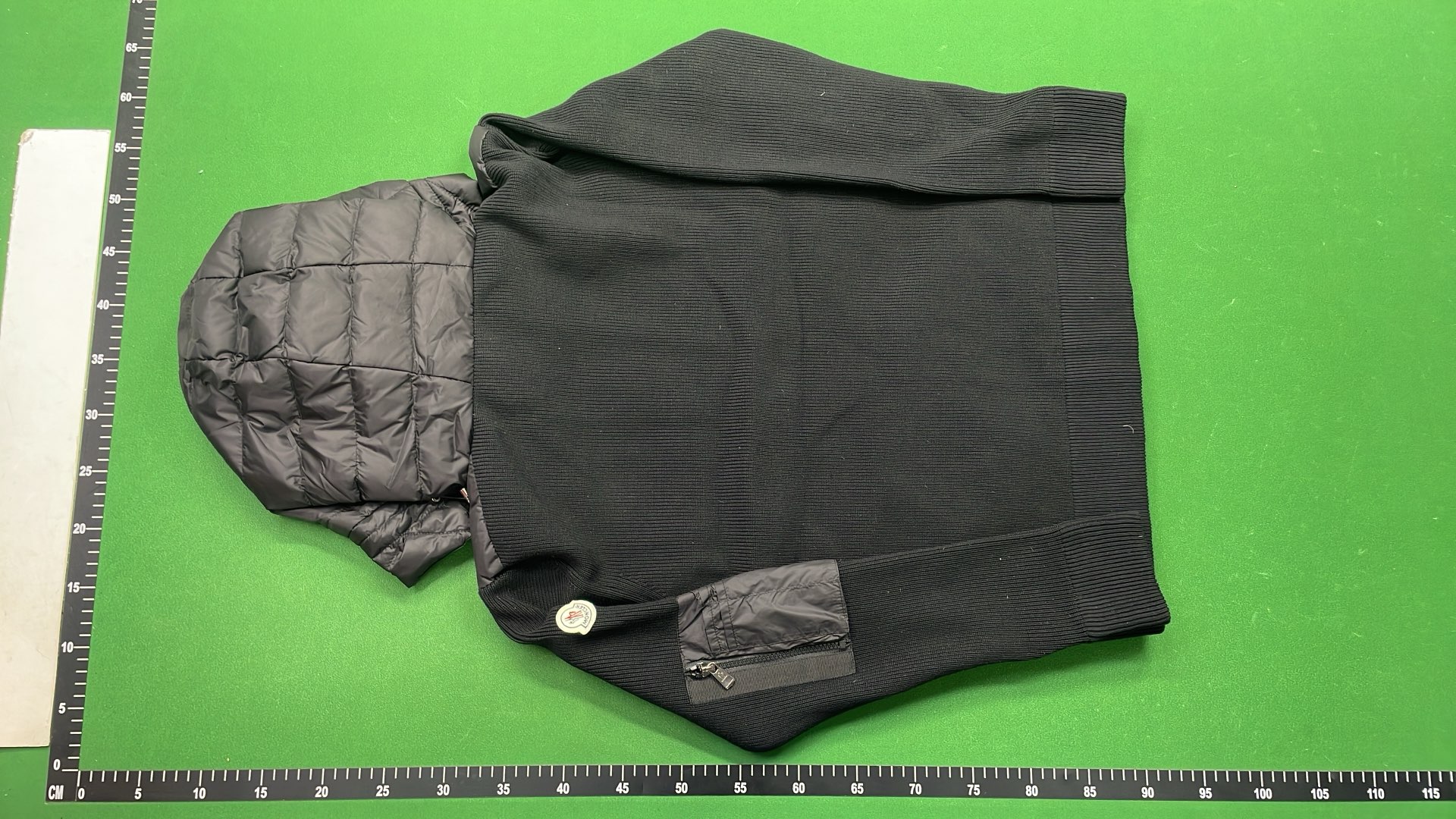 Men's Black Quilted Hooded Down Jacket with Knit Sleeves