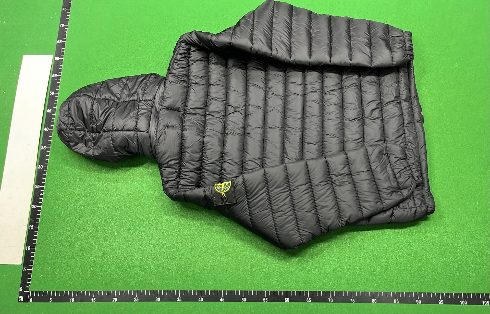 Black Quilted Hooded Down Jacket with Logo Patch
