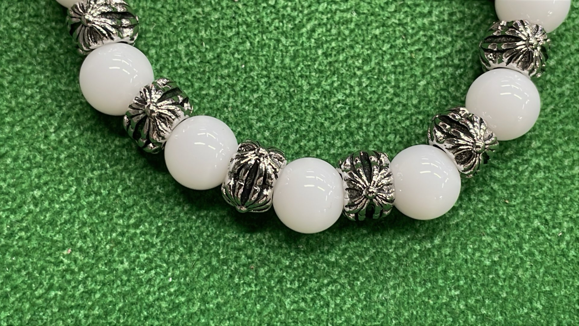 White Cat's Eye Stone Bracelet for Men - Silver Bead Design