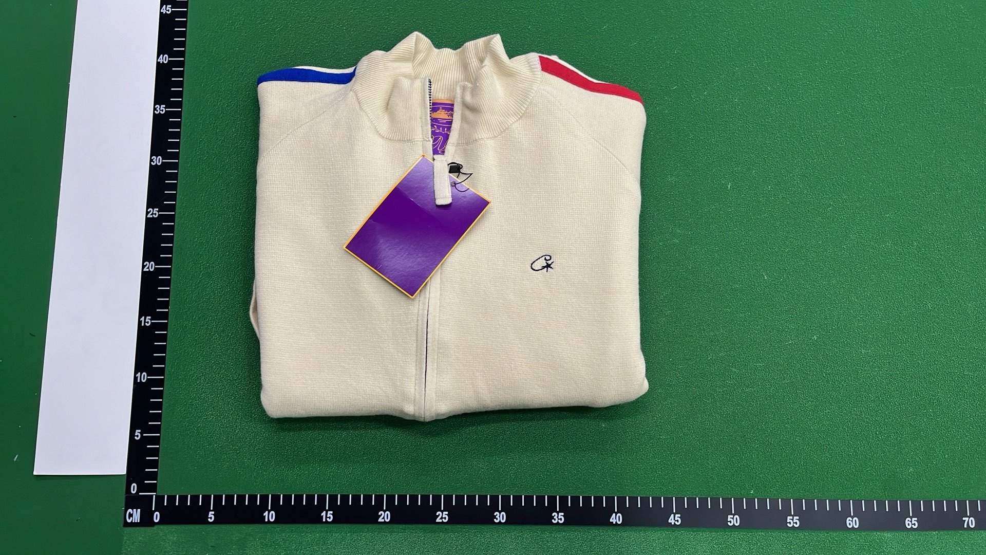 Cream Track Jacket with Red and Blue Stripes